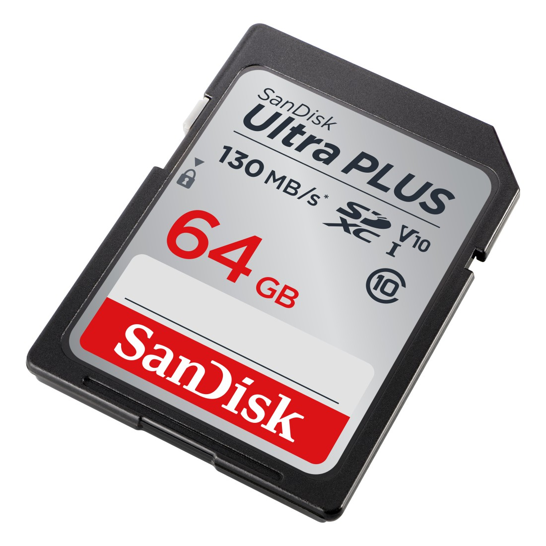 Sandisk Ultra PLUS 64GB SD-Karte. Rotes SanDisk-Logo und Details auf einer schwarz-silbernen Karte.