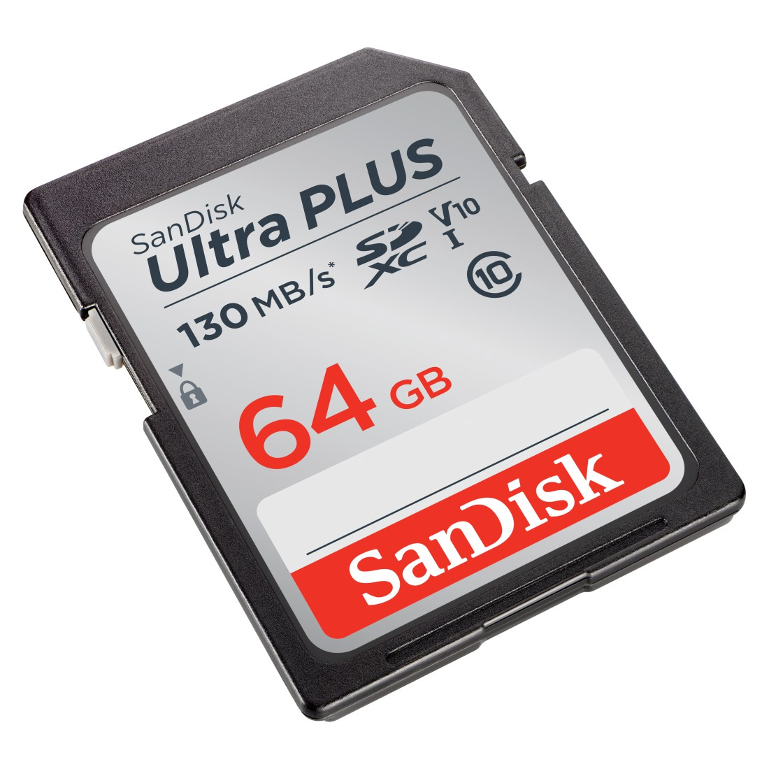 Eine SanDisk Ultra Plus 64GB SD-Karte mit Text und Logo wird gezeigt.