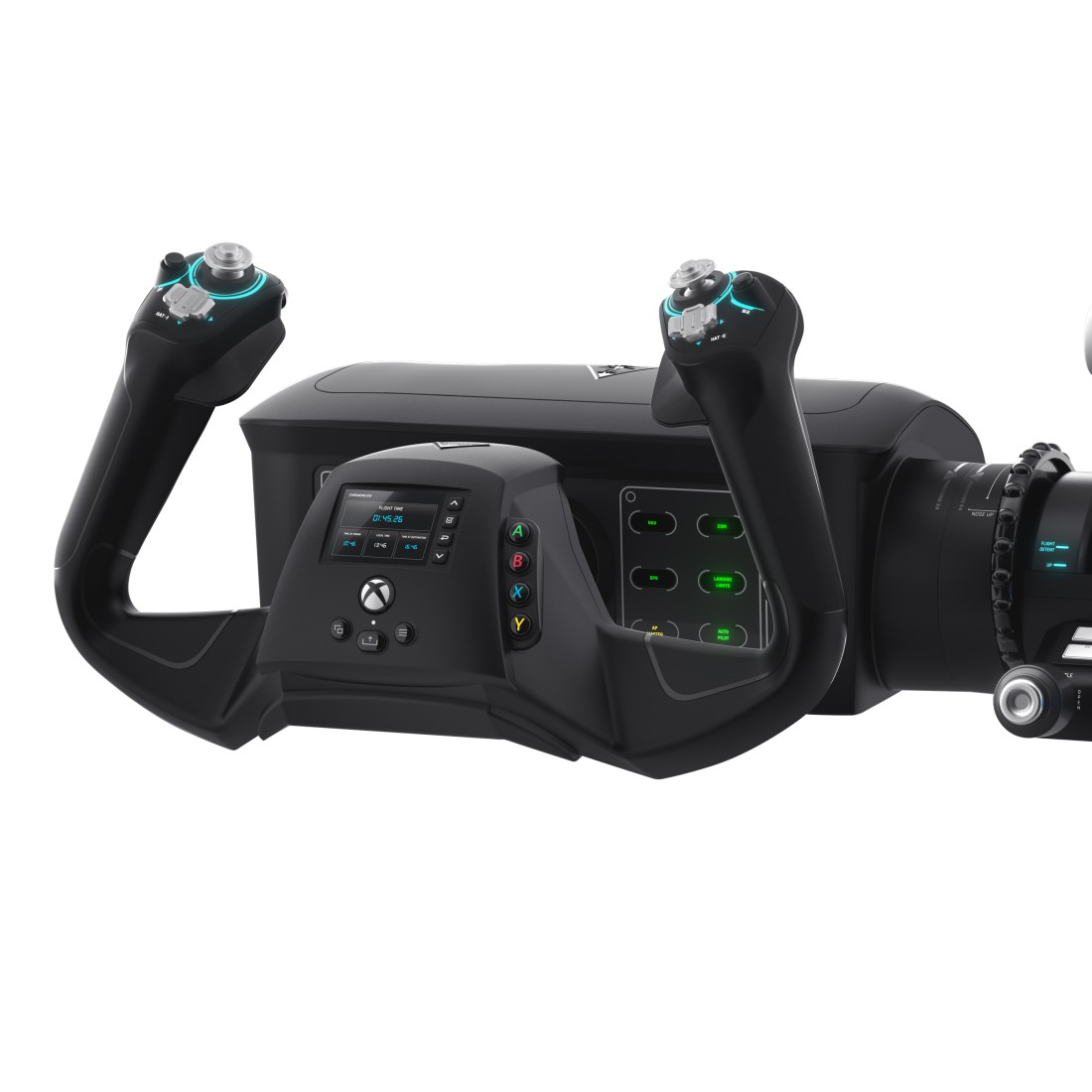 Schwarze Flugsimulator-Bedienelemente mit Joysticks und Display vor weißem Hintergrund.