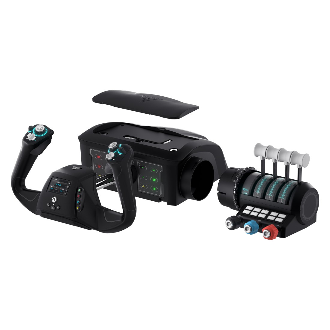 Schwarzes Flugsimulator-Setup mit Joystick, Gashebel und Display.
