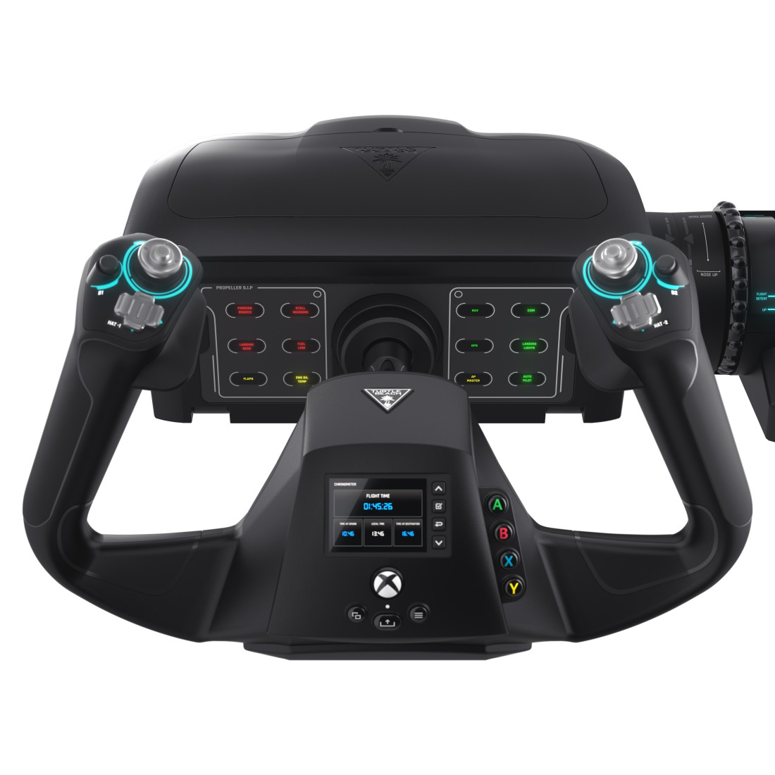 Ein schwarzer Flugsimulator mit Bildschirm und verschiedenen Knöpfen.
