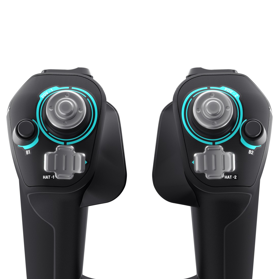 Zwei schwarze Joystick-Controller mit beschrifteten Tasten, blauem Rand und silbernem Zentrum.