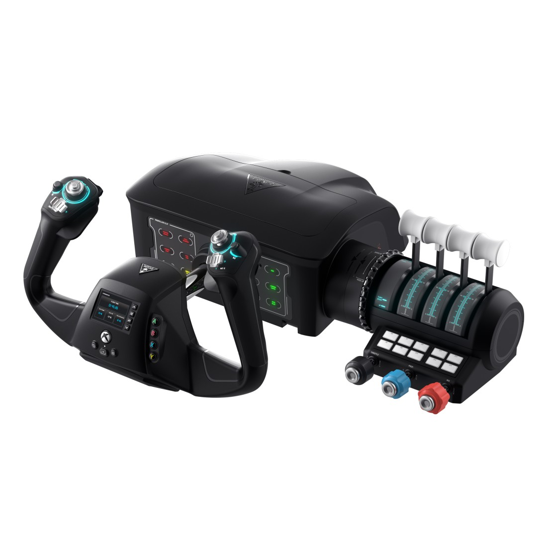Schwarze Flugsimulatorsteuerung mit Joystick und Schubreglern auf weißem Hintergrund.