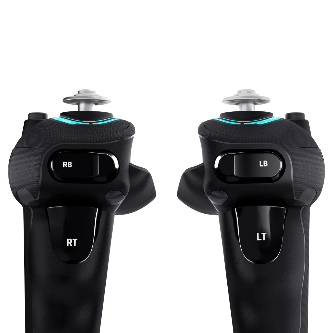 Zwei schwarze Gamecontroller-Griffe mit Tasten RB, RT, LB und LT.