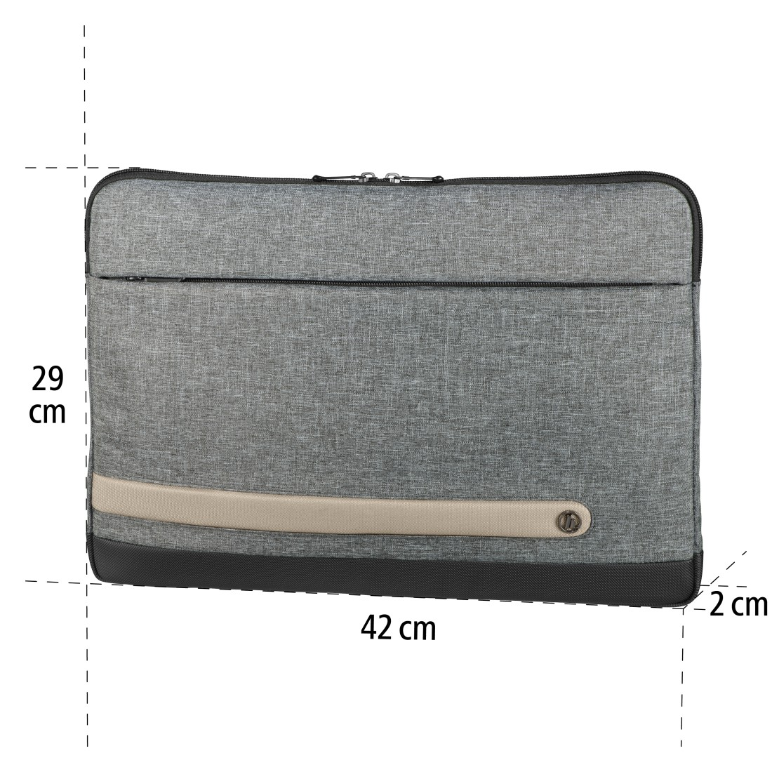 Graue Laptoptasche mit beigem Streifen und schwarzen Akzenten. Maße: 42x29x2 cm.