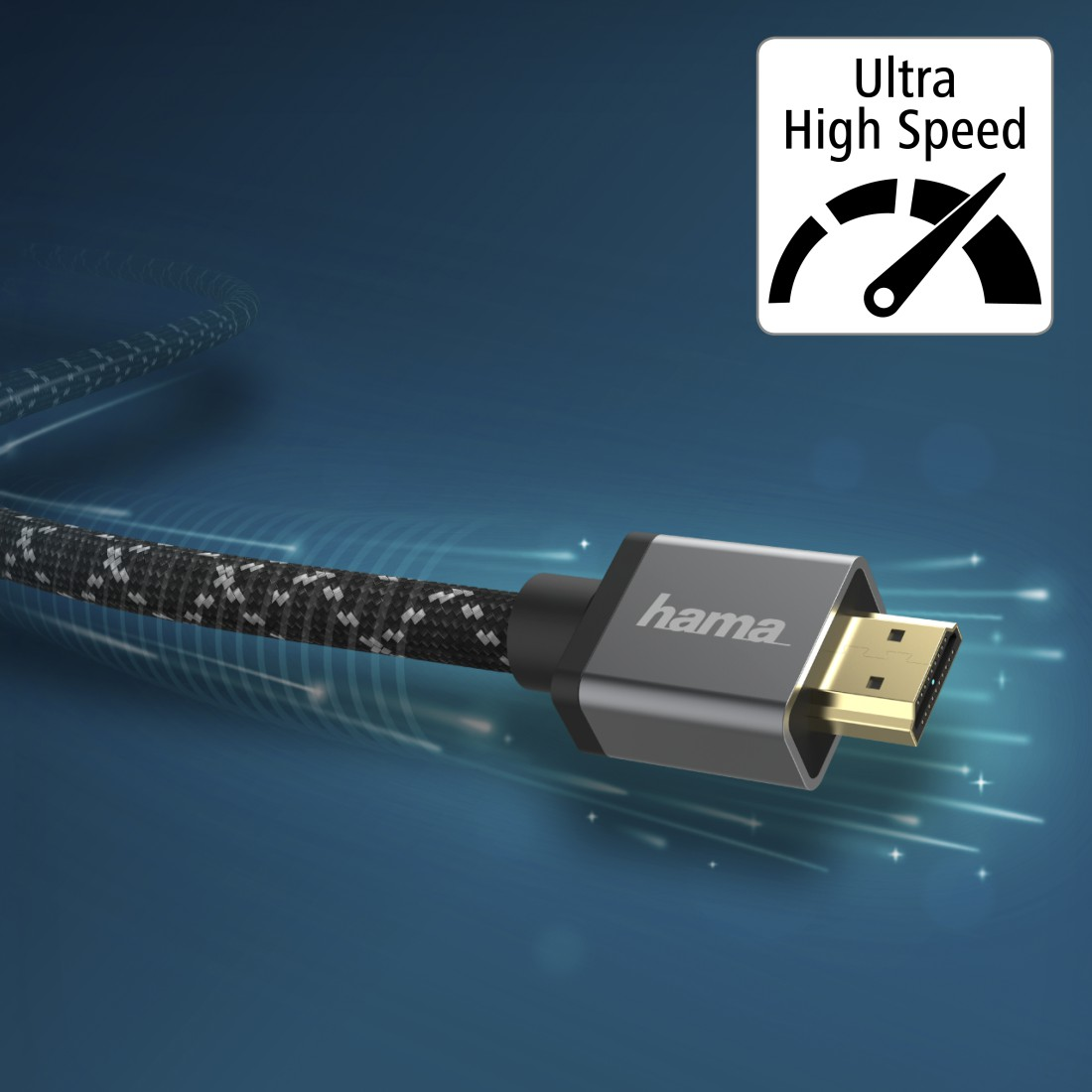 HDMI-Kabel mit Hama-Logo. Das Kabel hat ein schwarz-weißes Design. Der Hintergrund ist ein blauer Farbverlauf.