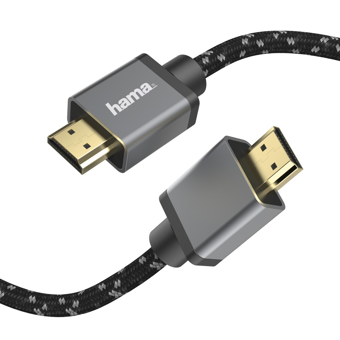 Zwei HDMI-Kabel mit grauen Steckern und schwarz-weiß geflochtenem Kabel auf weißem Hintergrund.