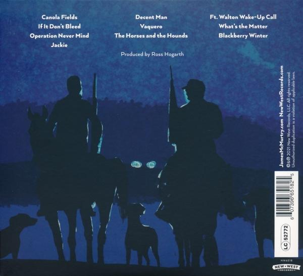 Albumcover mit Songtiteln und Silhouetten von Männern auf Pferden und Hunden. Dunkelblauer Himmel.