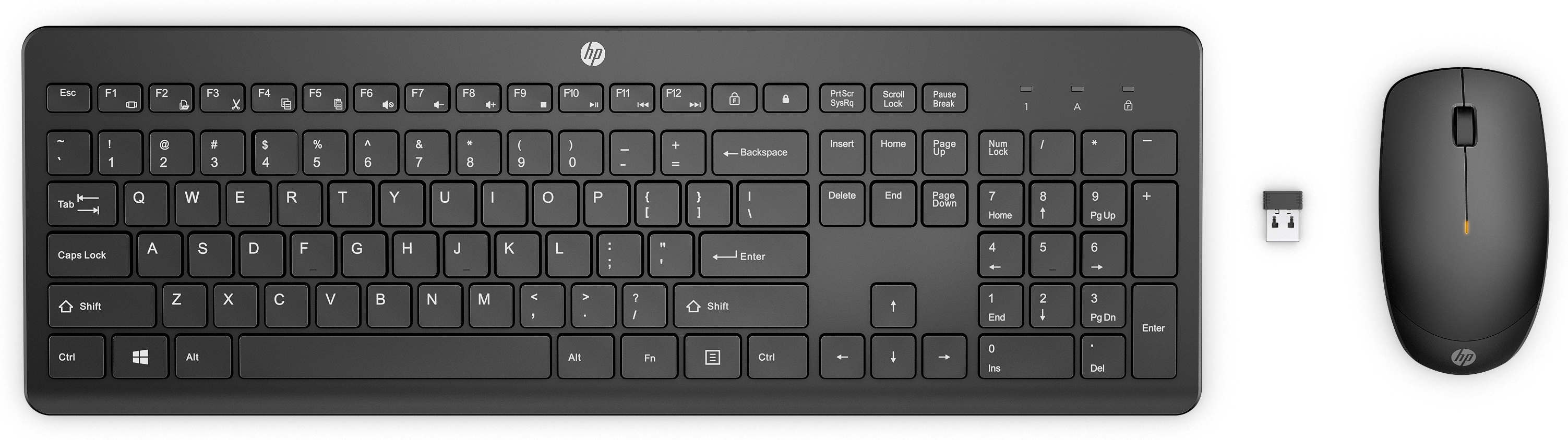 Schwarze HP-Tastatur mit kabelloser Maus und USB-Empfänger.