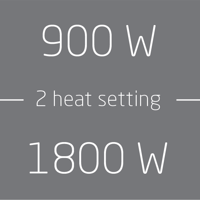 Grauer Hintergrund mit weißem Text, der 900 W und 2 Heizstufen sowie 1800 W angibt.
