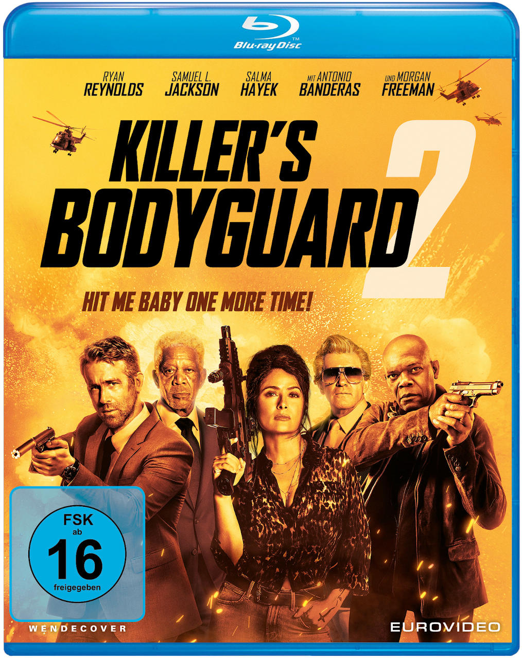DVD-Cover für 'Killer's Bodyguard 2' mit Schauspielern und Hubschraubern. Gelber Hintergrund.