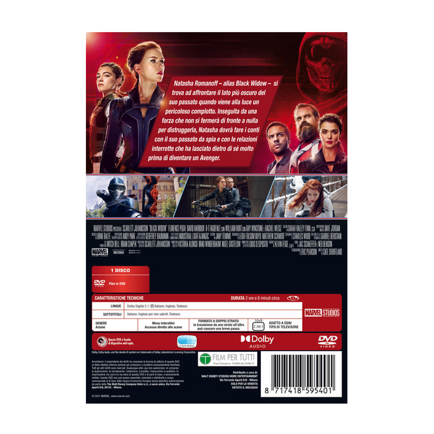 Custodia DVD del film 'Black Widow'. Presenta Scarlett Johansson e altri attori. La copertina mostra scene d'azione.