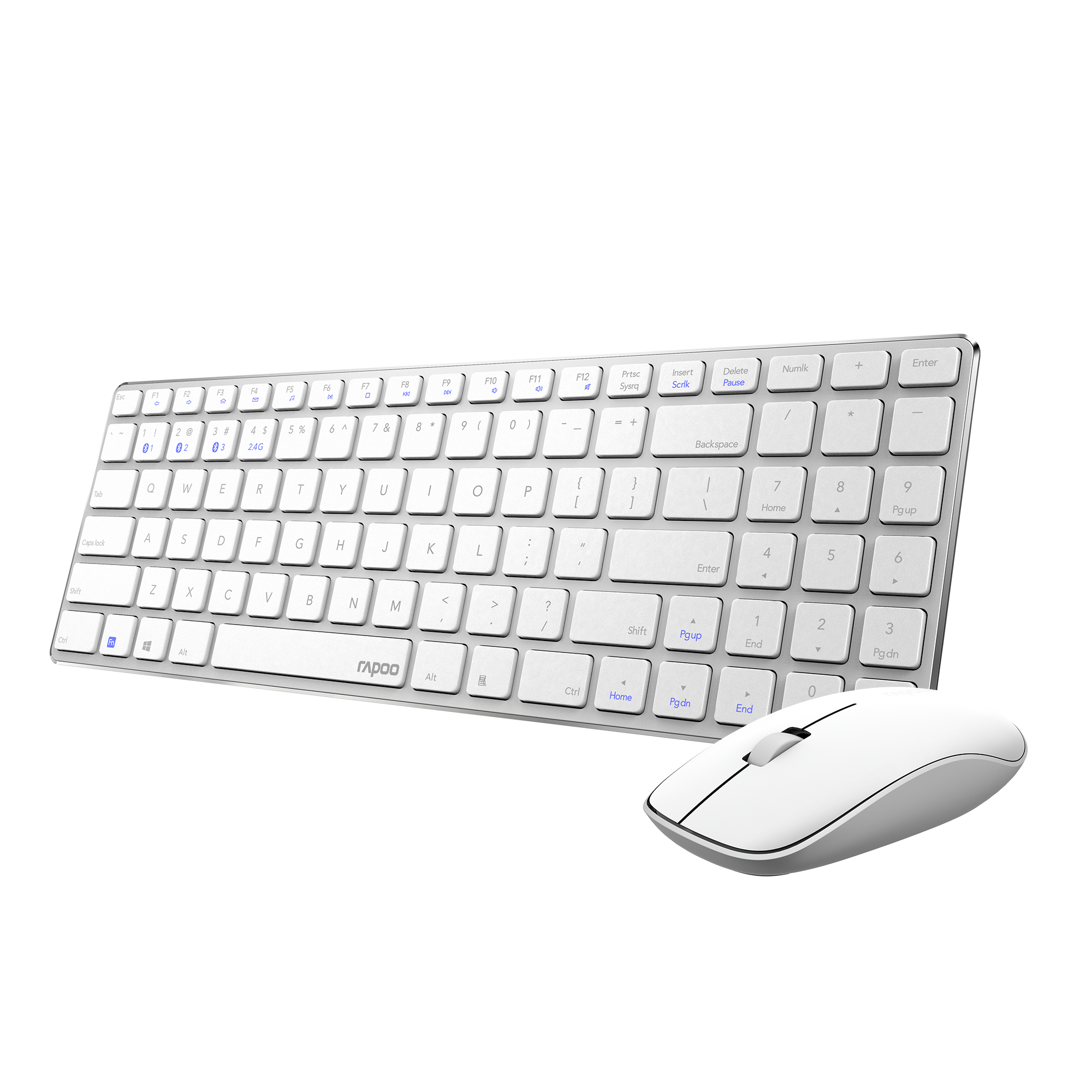 Witte toetsenbord- en muisset. Het toetsenbord heeft veel toetsen met blauwe en witte tekens.