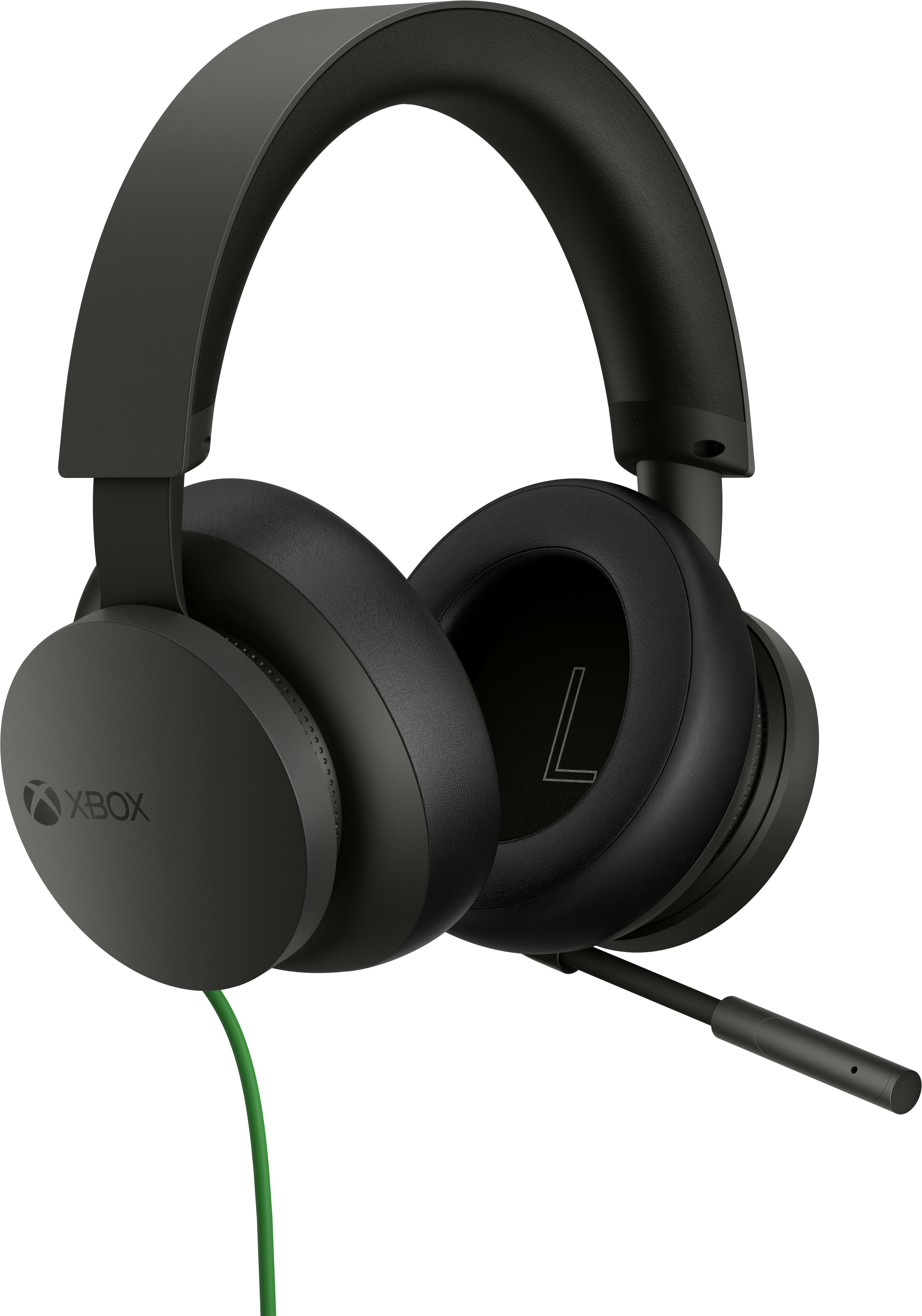 Casque Xbox noir avec un câble vert et un microphone, isolé sur fond blanc.