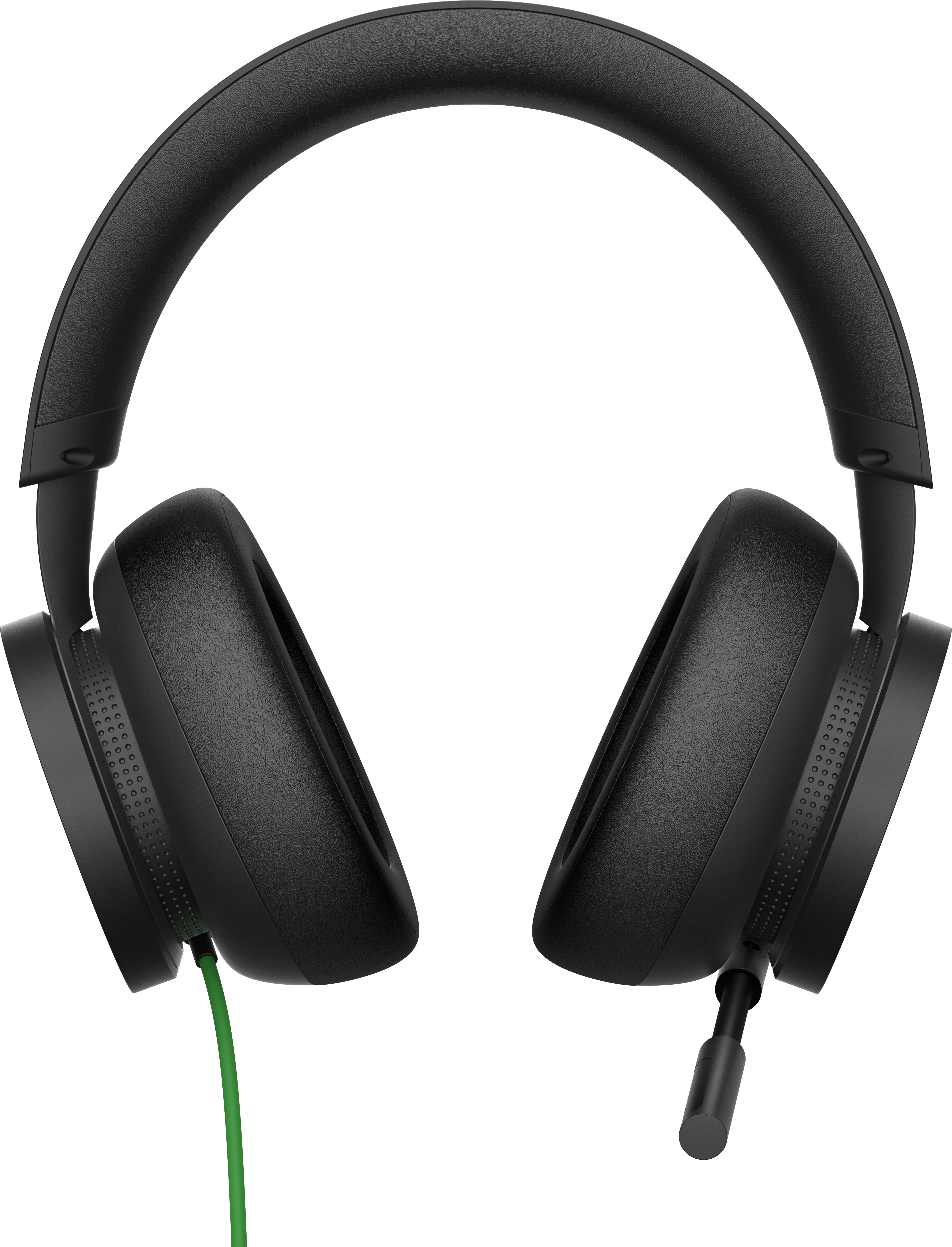 Casque noir avec bandeau incurvé et grands écouteurs, un câble vert pend.
