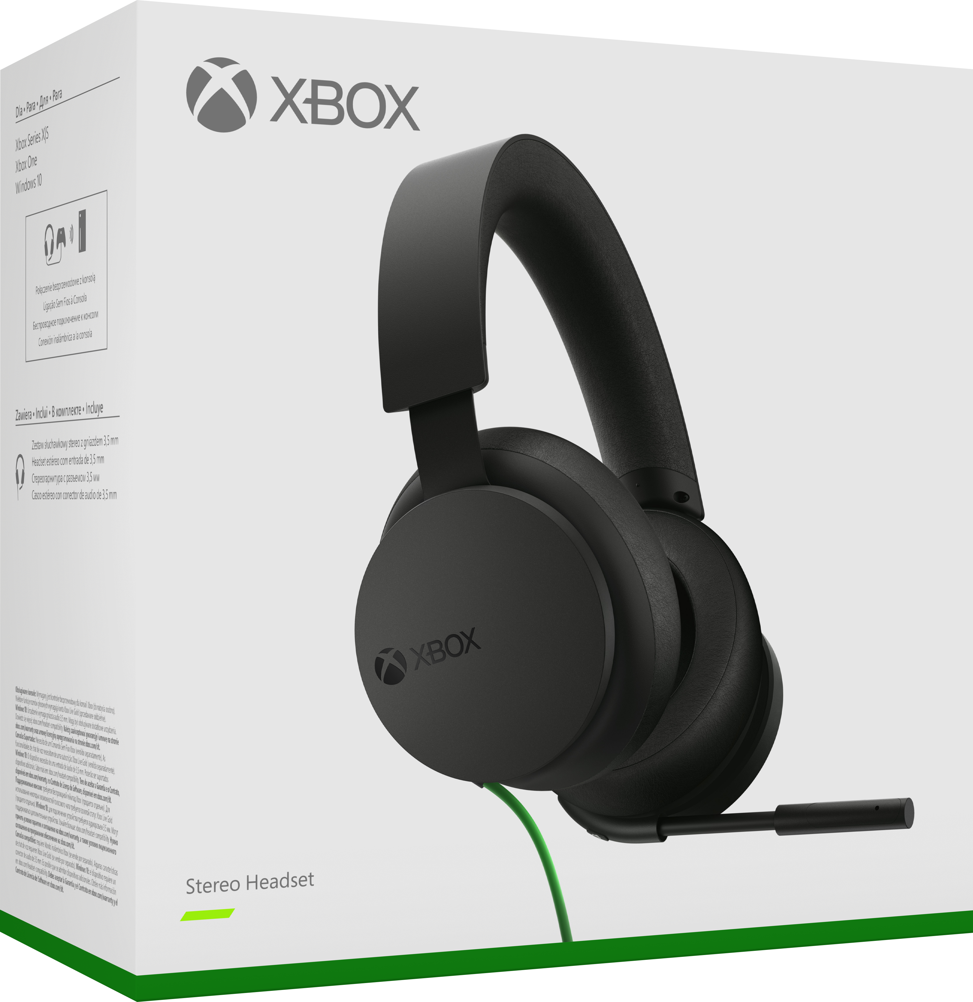 Une boîte de casque stéréo Xbox avec un casque et un microphone noirs, schéma de couleurs blanc et vert.