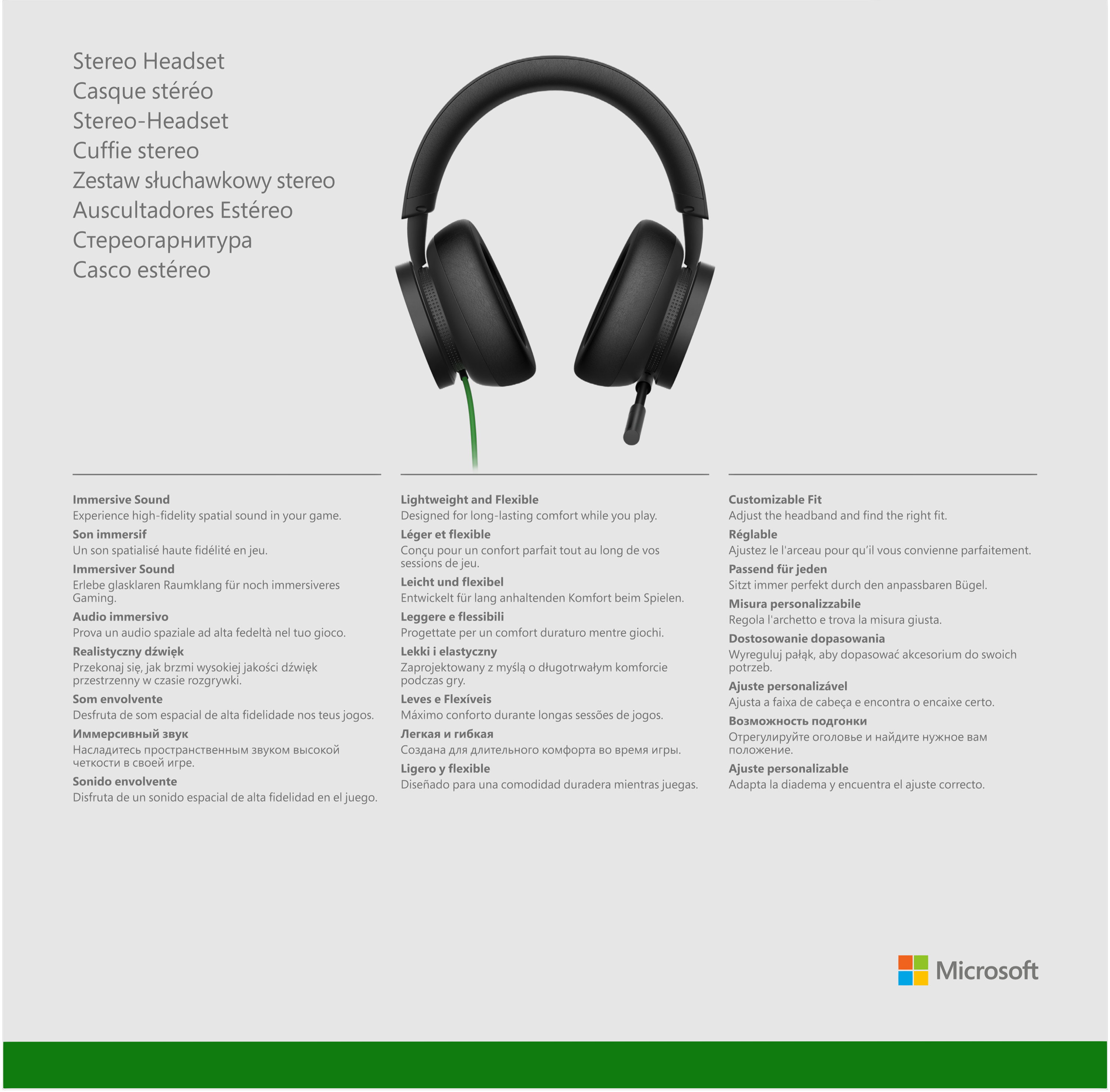 Casque noir avec oreillettes vertes et texte blanc, avec informations sur le produit.