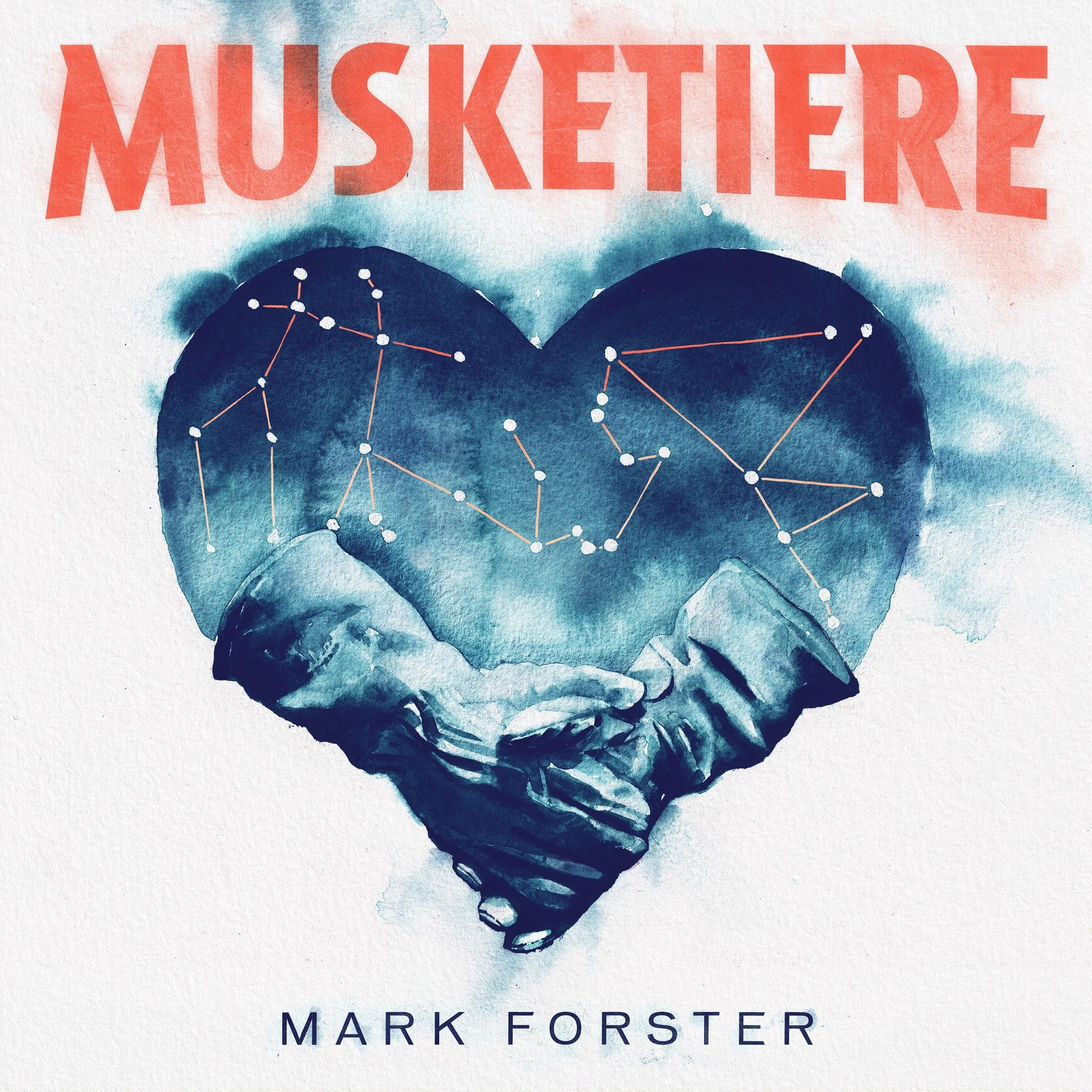 Albumcover, Musketiere, eine herzförmige Konstellation über Händen.