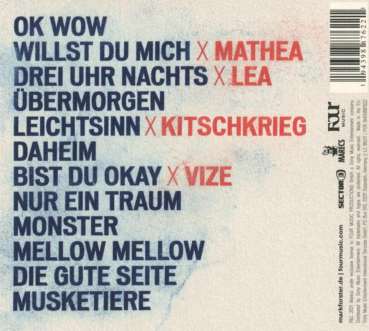 Rückseite einer CD mit Titelliste, Künstlernamen und Logos. Der Hintergrund ist blau, der Text weiß.