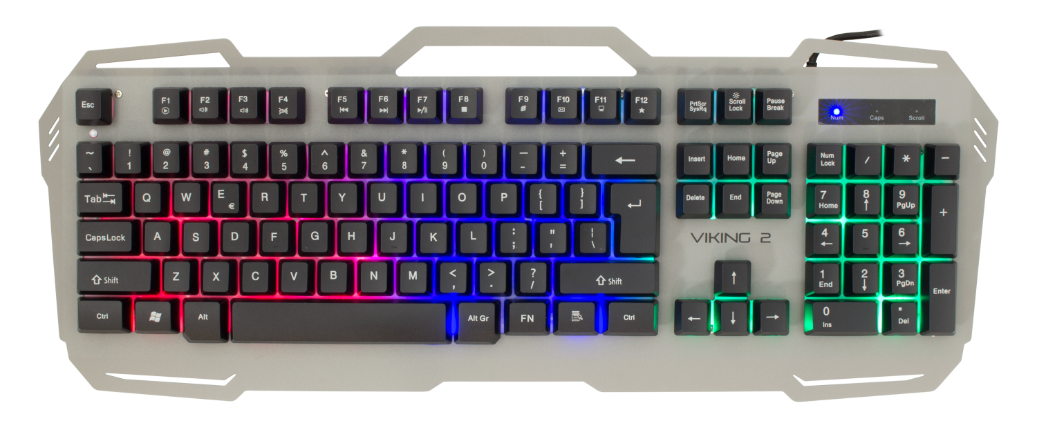 Egy háttérvilágítású gamer billentyűzet színes gombokkal, világosszürke kerettel és fekete háttérrel.