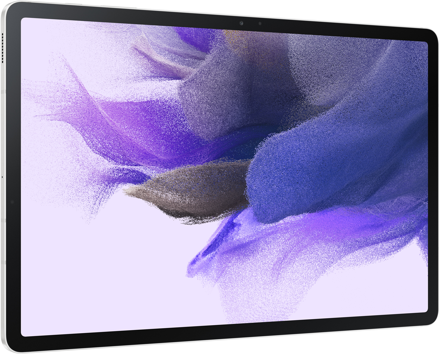 Une tablette blanche et violette, inclinée pour montrer l'écran et un peu du côté.
