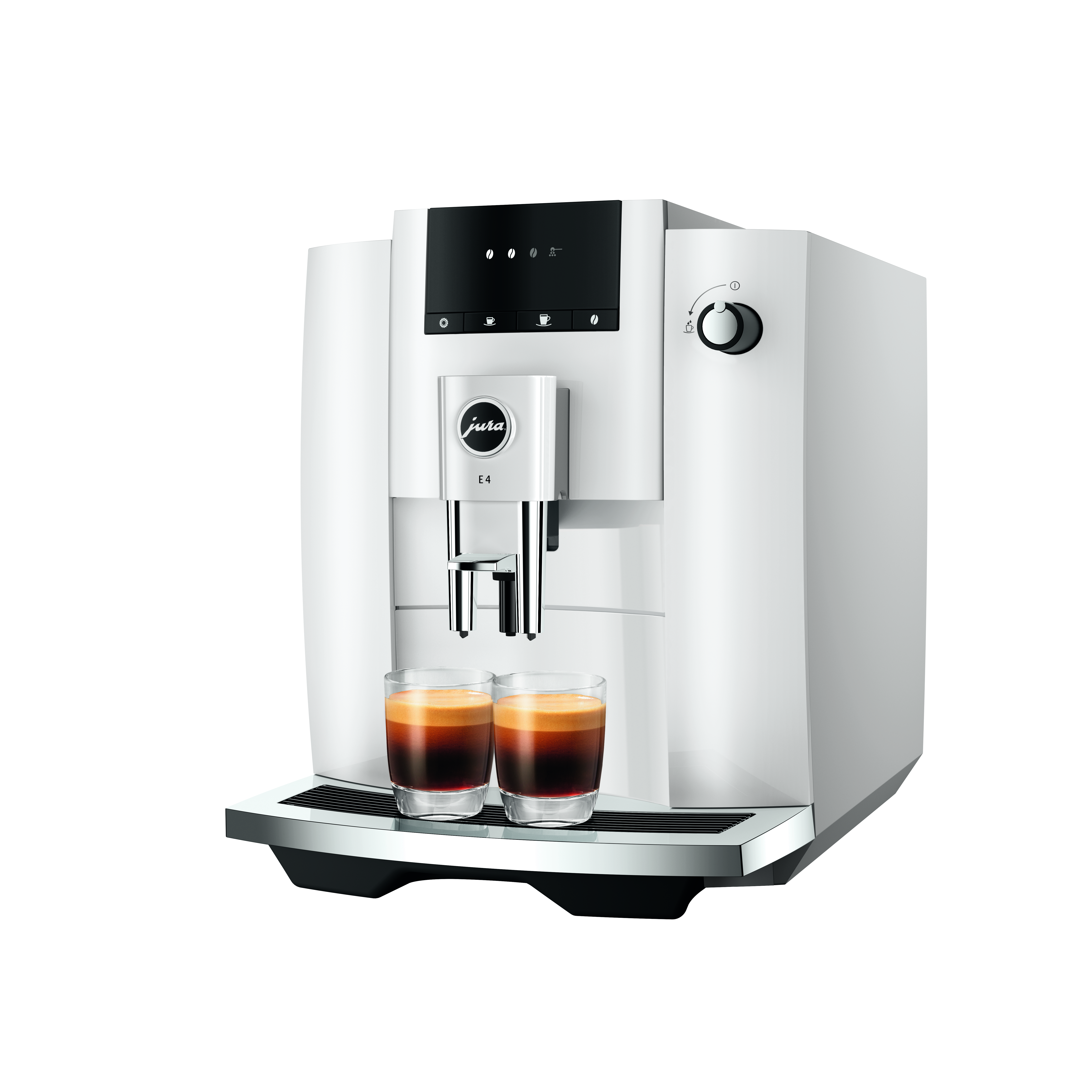 Eine weiße Jura E4 Kaffeemaschine mit zwei Kaffeegläsern auf weißer Oberfläche.