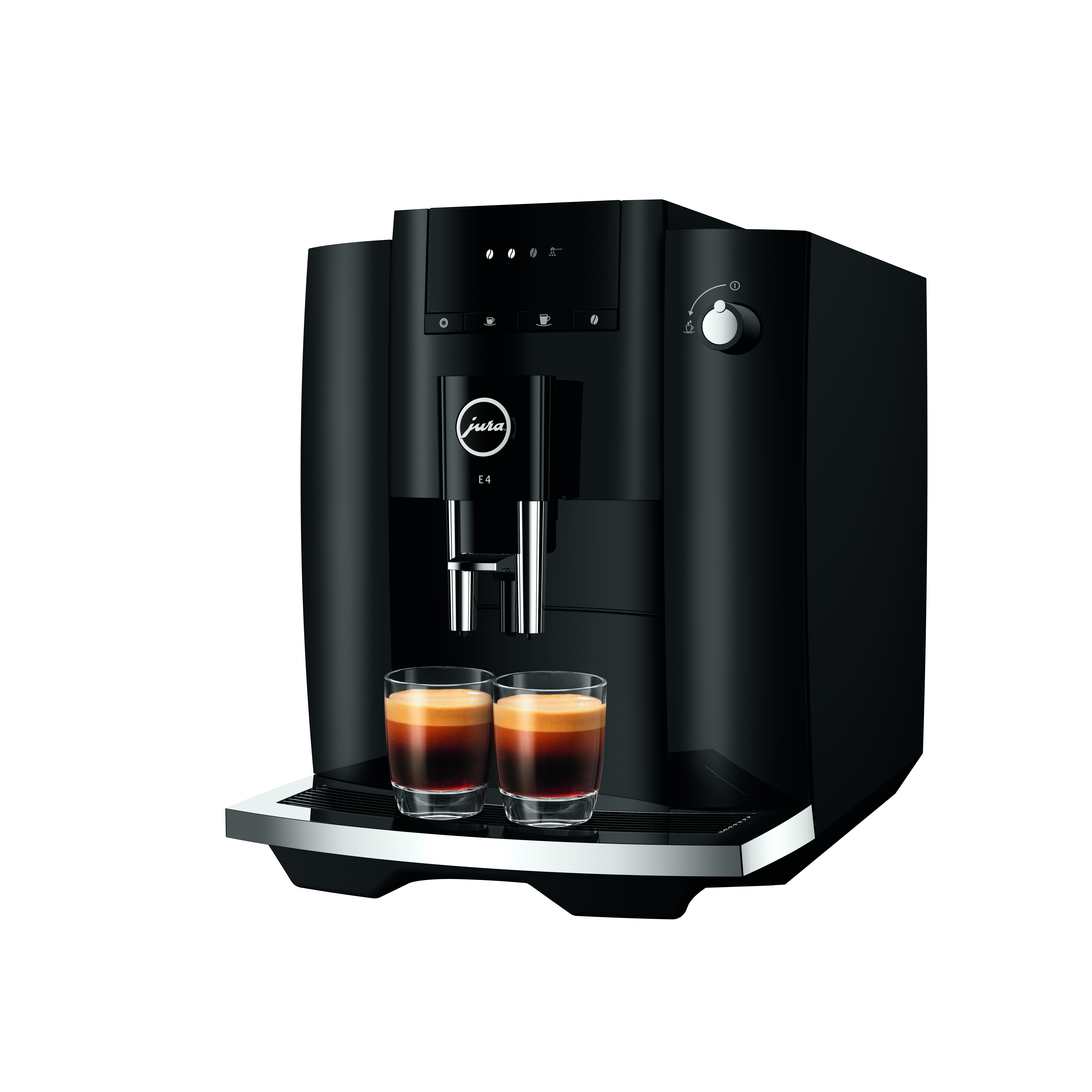 Eine schwarze Jura E4 Kaffeemaschine mit zwei Kaffeegläsern.