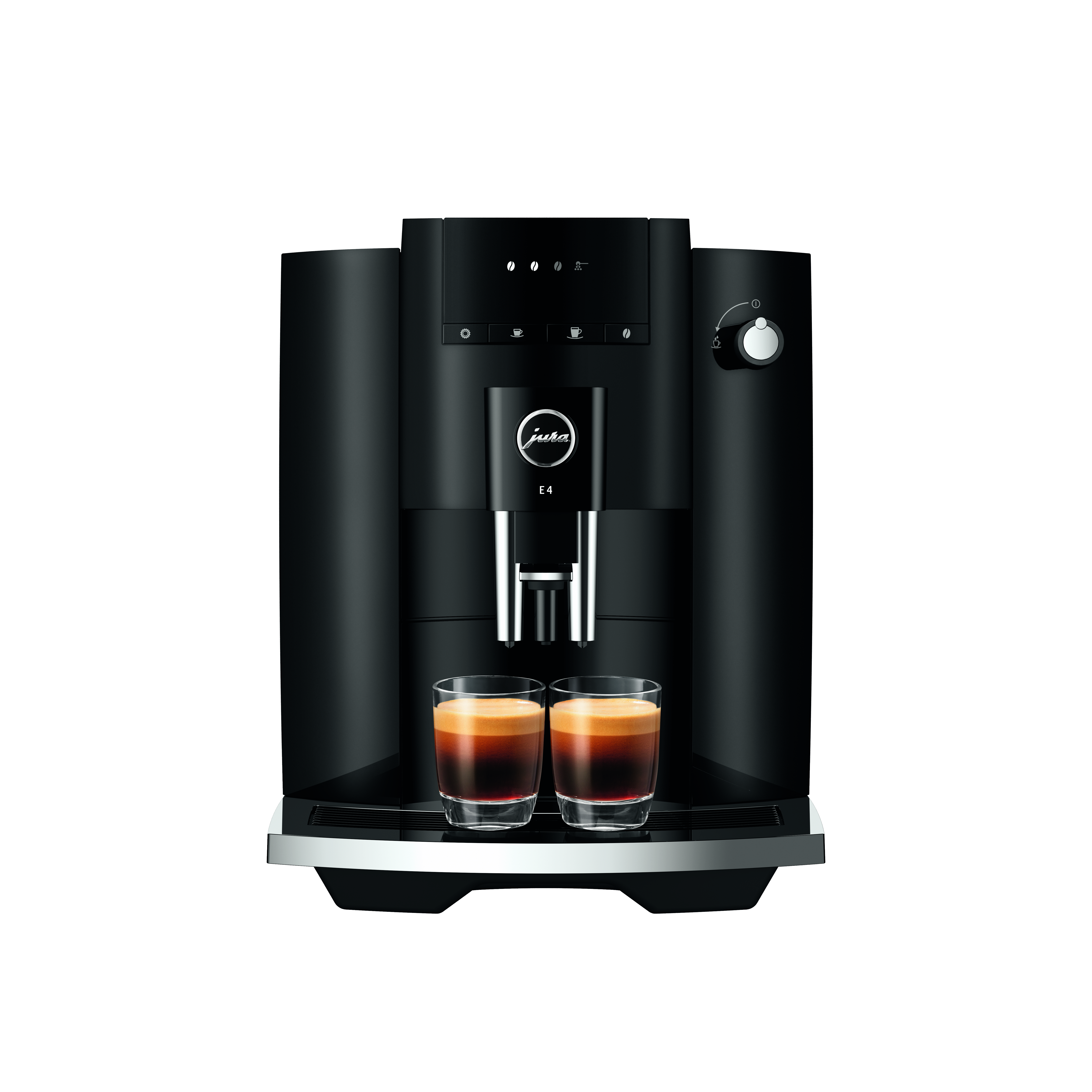 Eine schwarze Jura-Kaffeemaschine mit zwei Kaffeegläsern auf dem Tablett, isoliert auf Weiß.