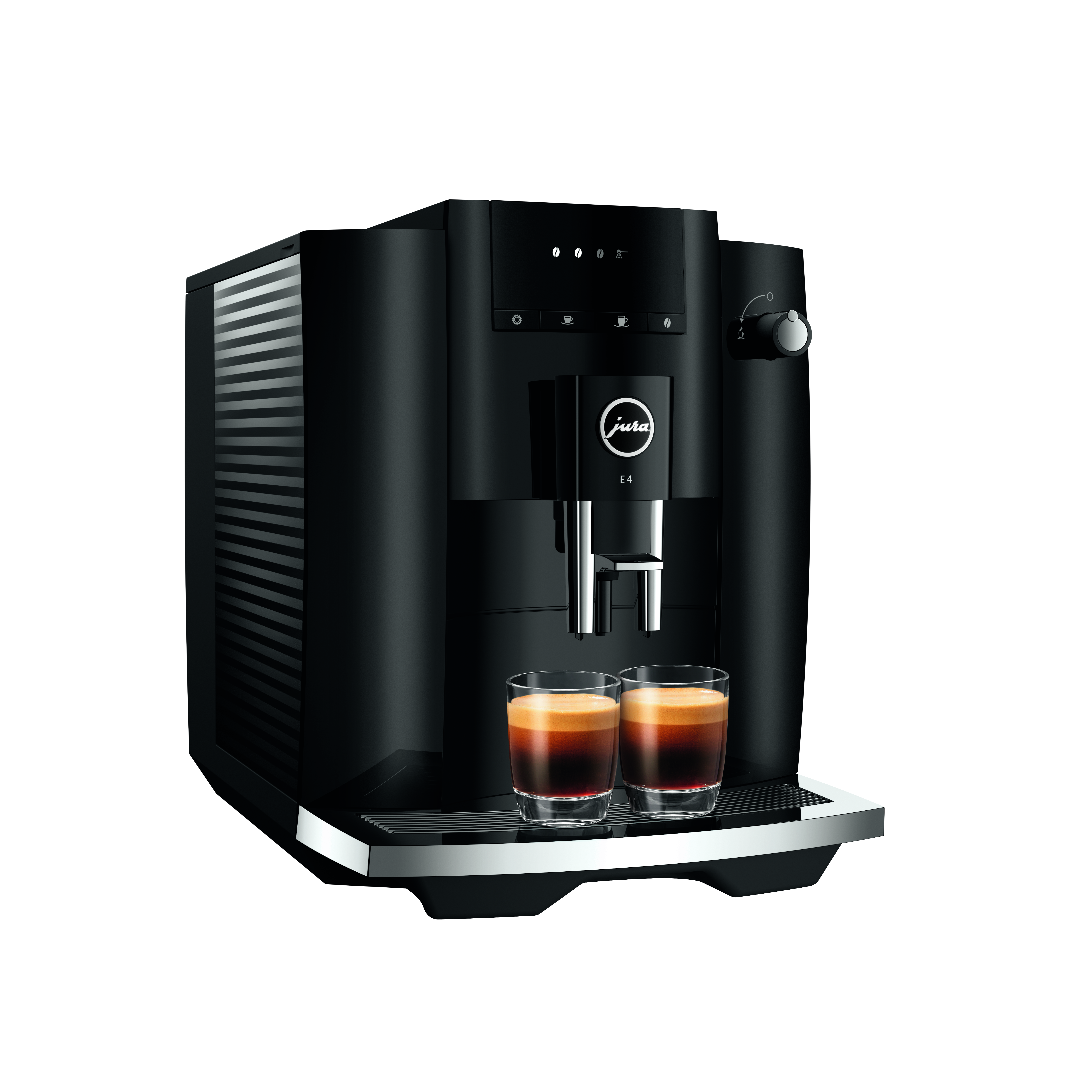 Eine schwarze Jura E4 Kaffeemaschine mit zwei Kaffeegläsern unter den Auslässen auf weißem Hintergrund.