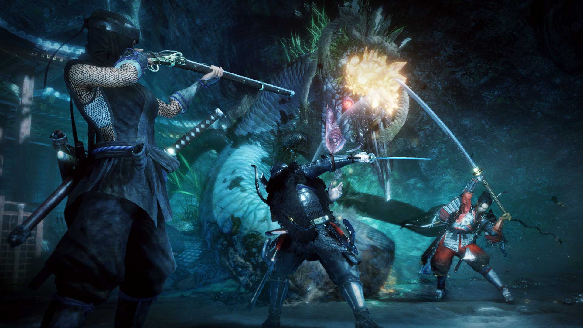 Drie ninja's vechten met zwaarden en geweren tegen een groot monster.