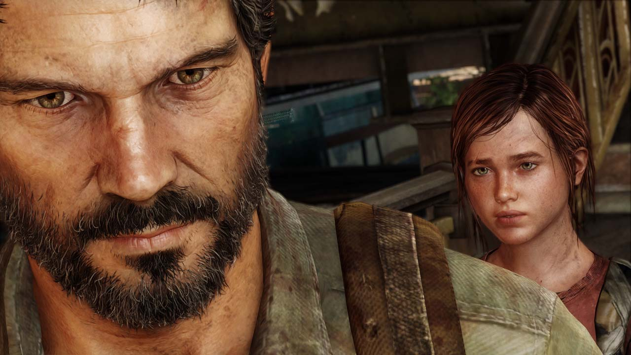 Close-up van het gezicht van een man. Een jong meisje staat achter de man. Afbeelding uit game.