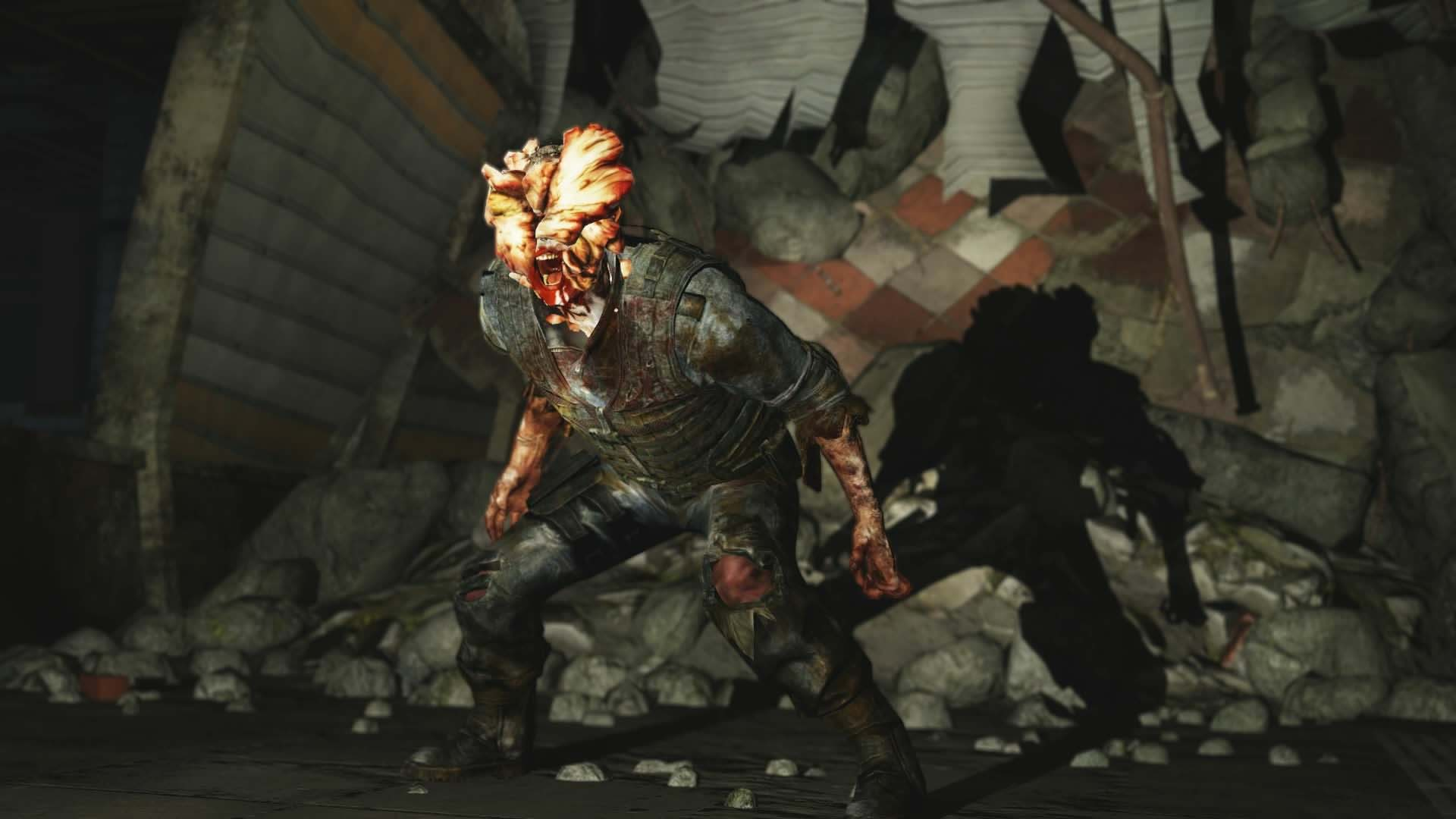 Een zombie met een paddenstoelachtige groei op zijn hoofd, in een vernietigde omgeving.