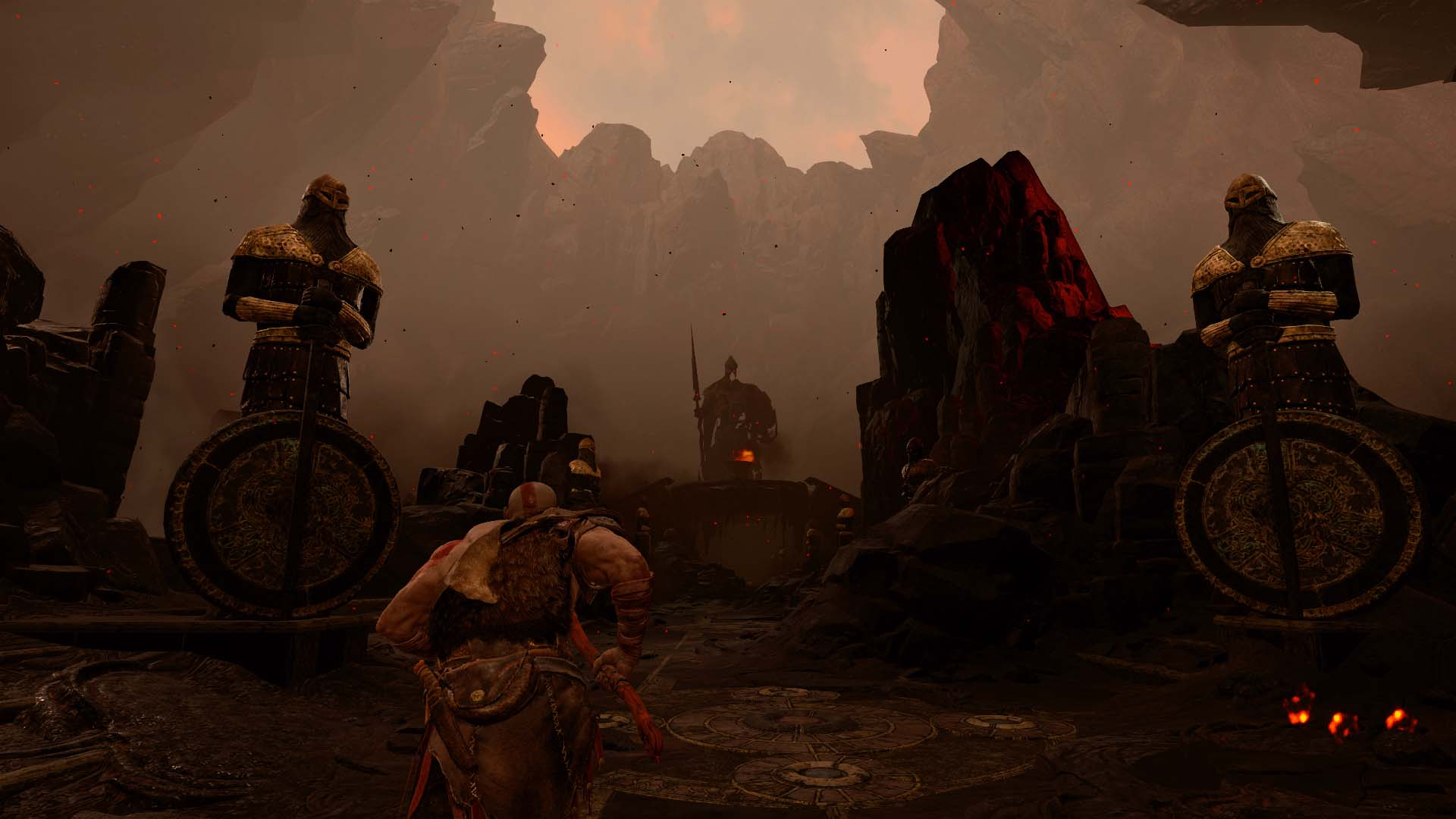 Video game scene of a warrior facing three statues in a dark, fiery environment.
