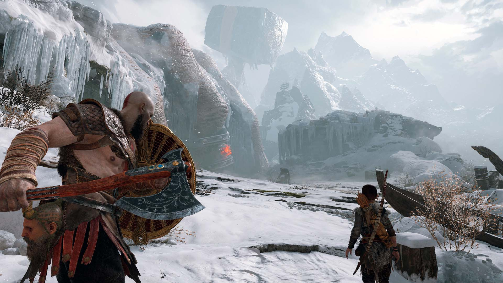 Two men with weapons face forward in a snowy landscape, with a giant figure in the background.