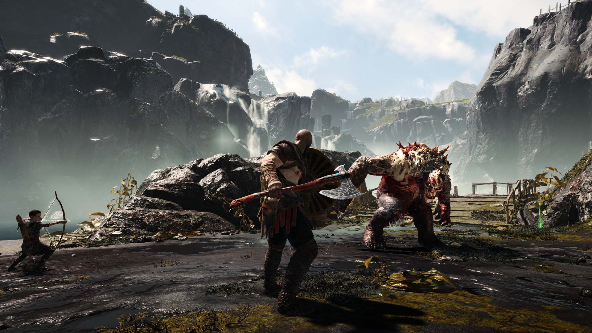 Kratos fights a monster with an axe, while an archer fires an arrow.