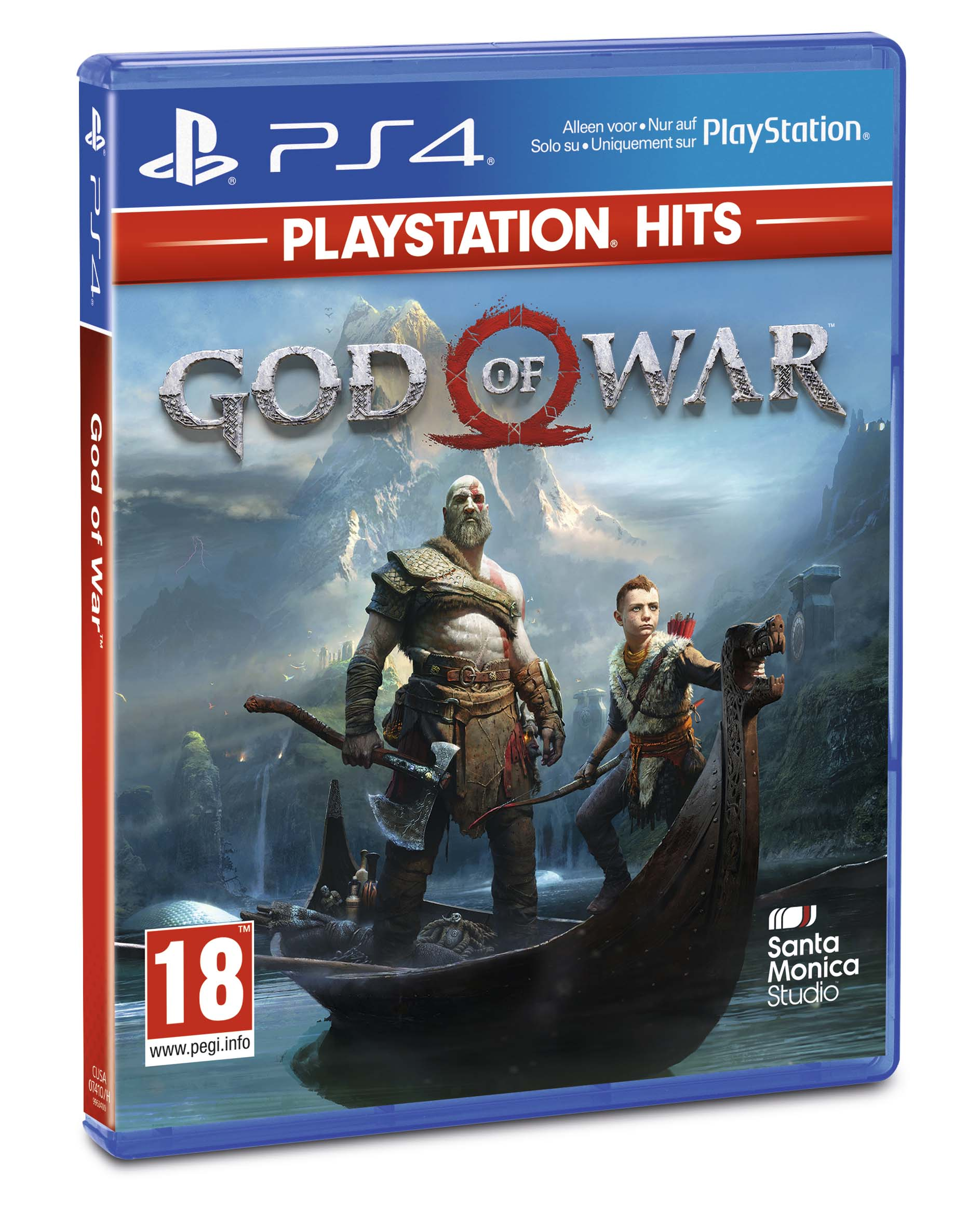 God of War PS4 game box, featuring characters and a boat.