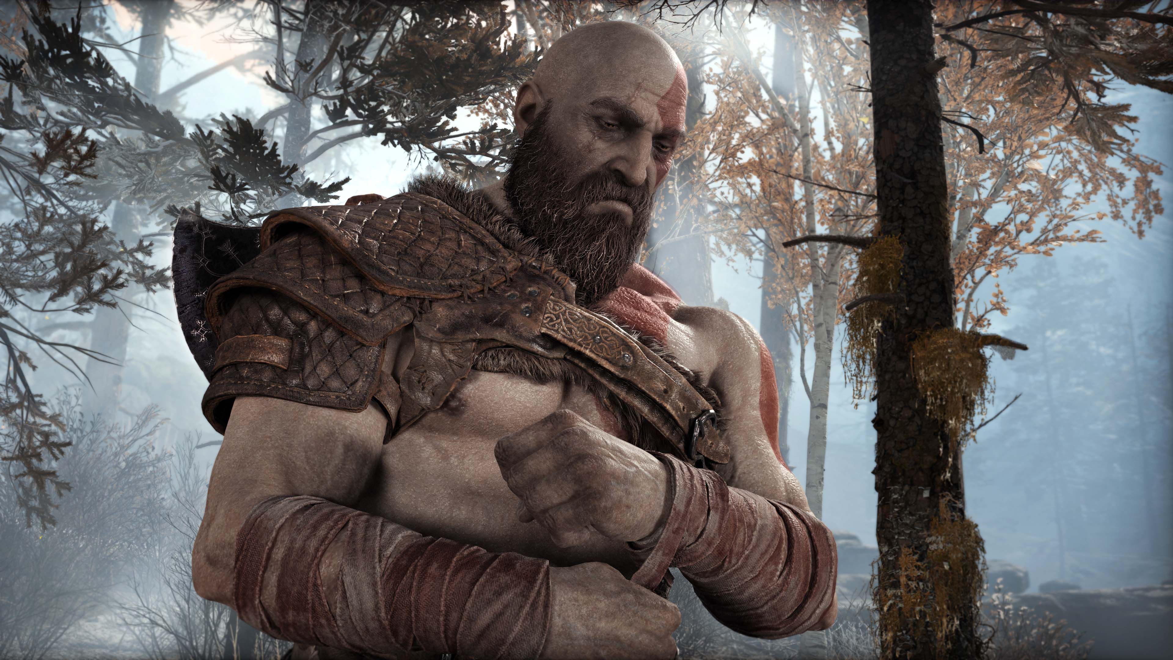 Kratos, bald head, beard, wearing armor, looking down, in a forest.