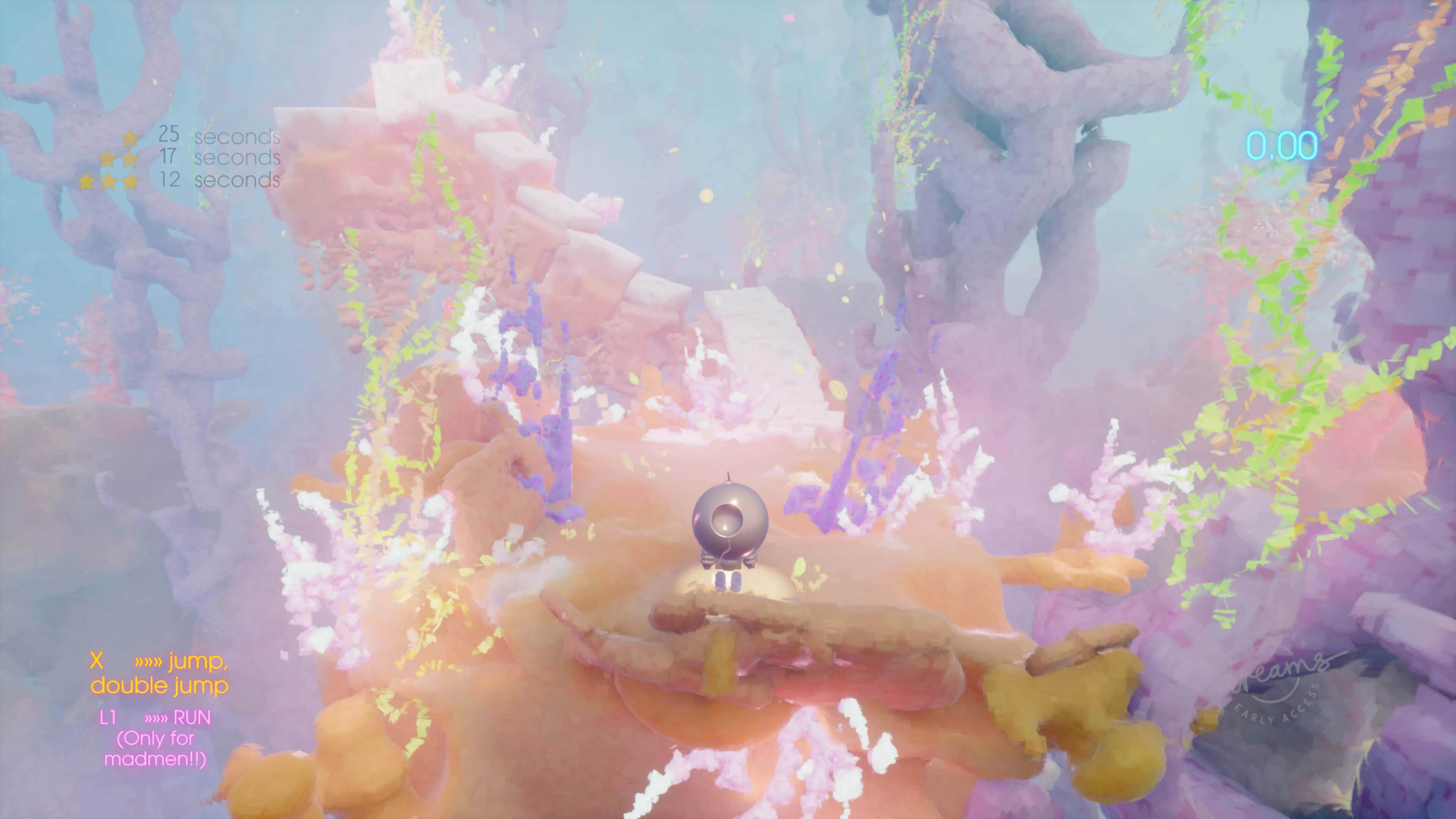 A video game scene with a character on a ledge. There are platforms, coral, and text on the screen.