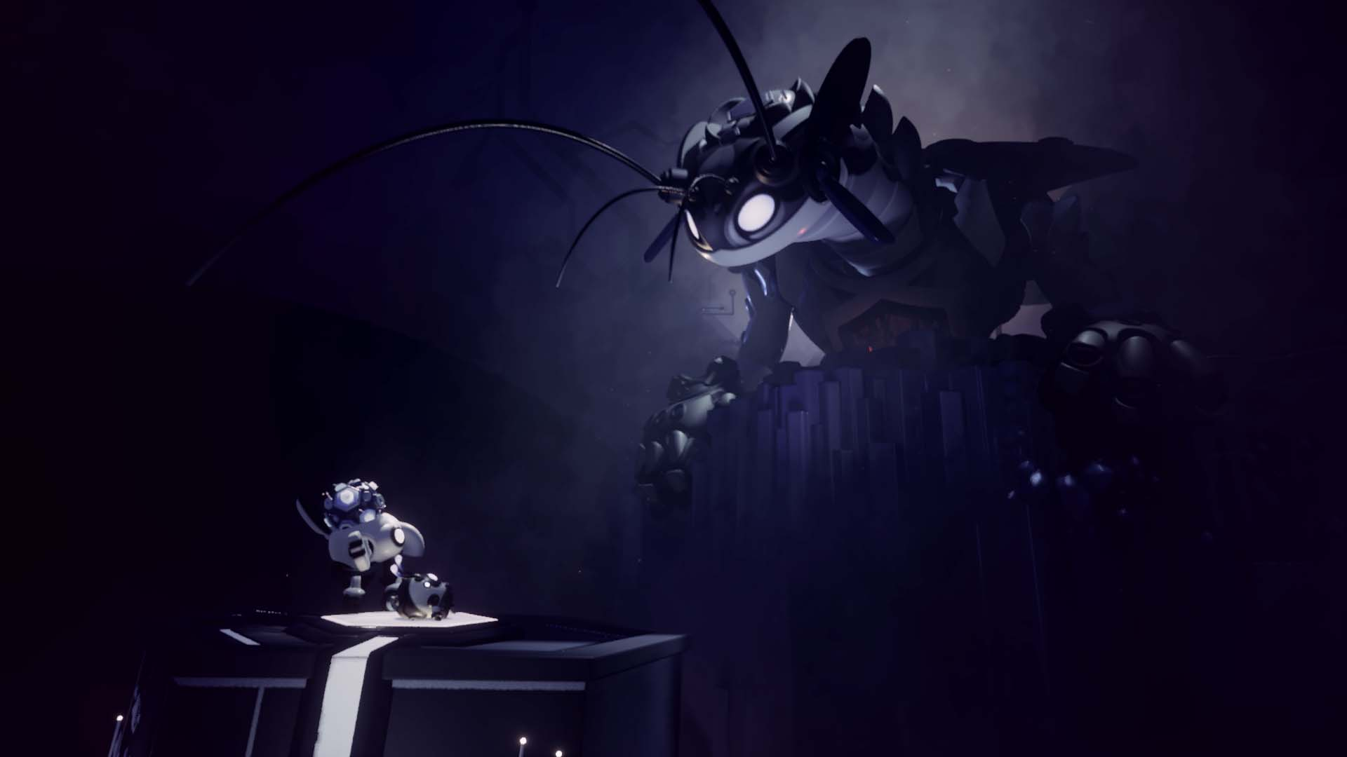 Animated scene with three robot characters in a dark environment.