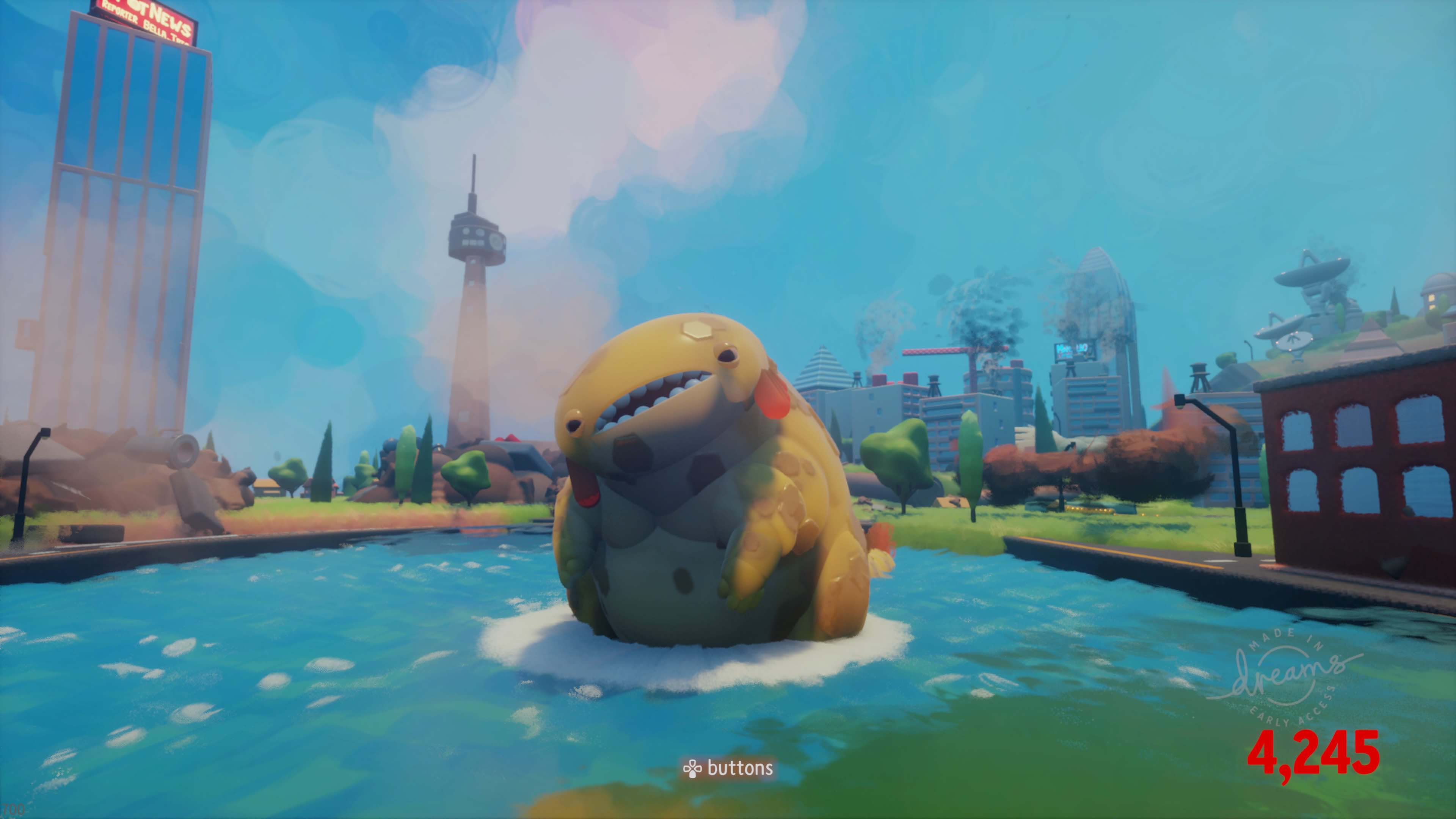 Game scene with a monster in water. Cityscape in the background. Text says 'Made in Dreams'.