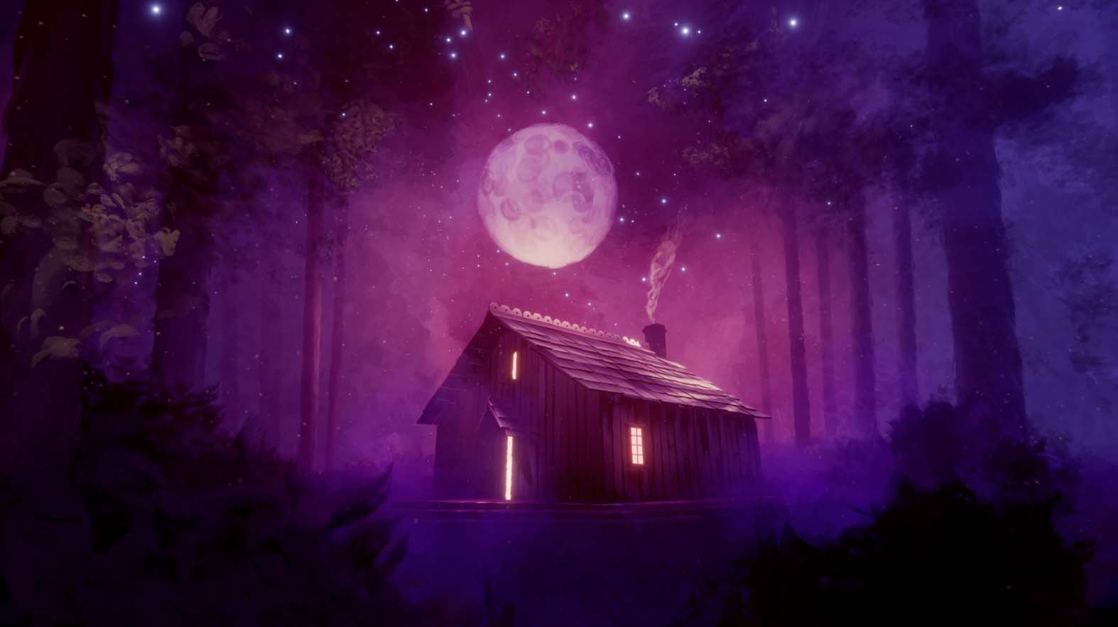 A cabin in a dark forest under a full moon and starry night sky.