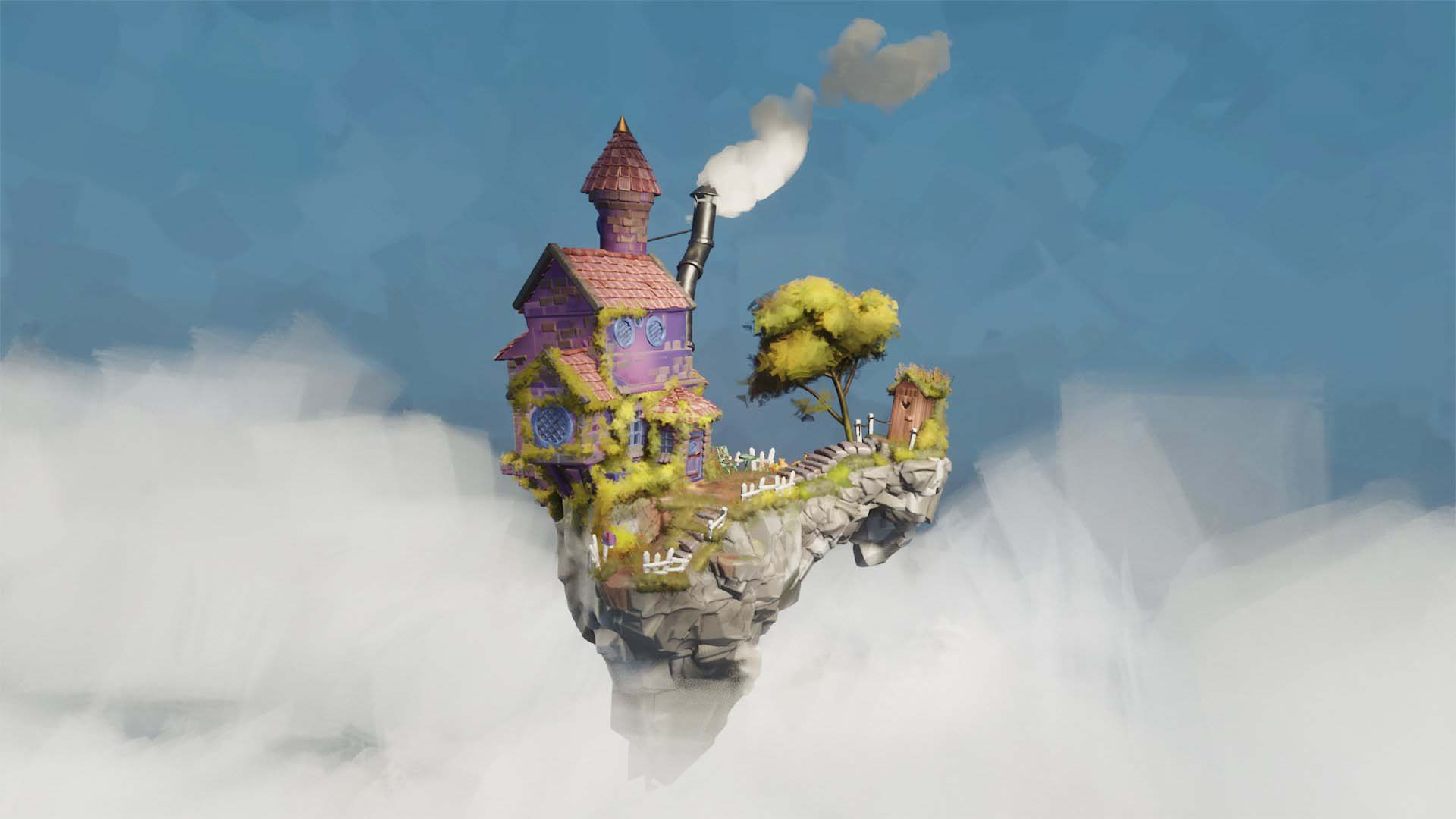 A whimsical house on a floating island, with smoke from the chimney, surrounded by clouds.