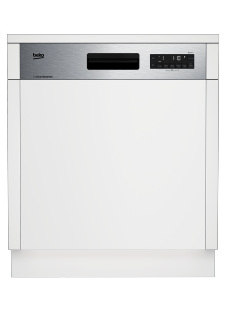 Ein weißer Beko Geschirrspüler. Die Front ist weiß mit einem Bedienfeld.