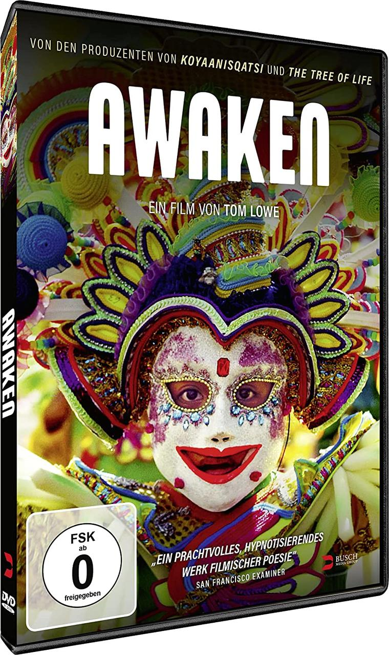 DVD-Cover für 'Awaken', ein Film. Eine Person in einem bunten Kostüm ist das Cover-Bild. Text auf dem Cover.