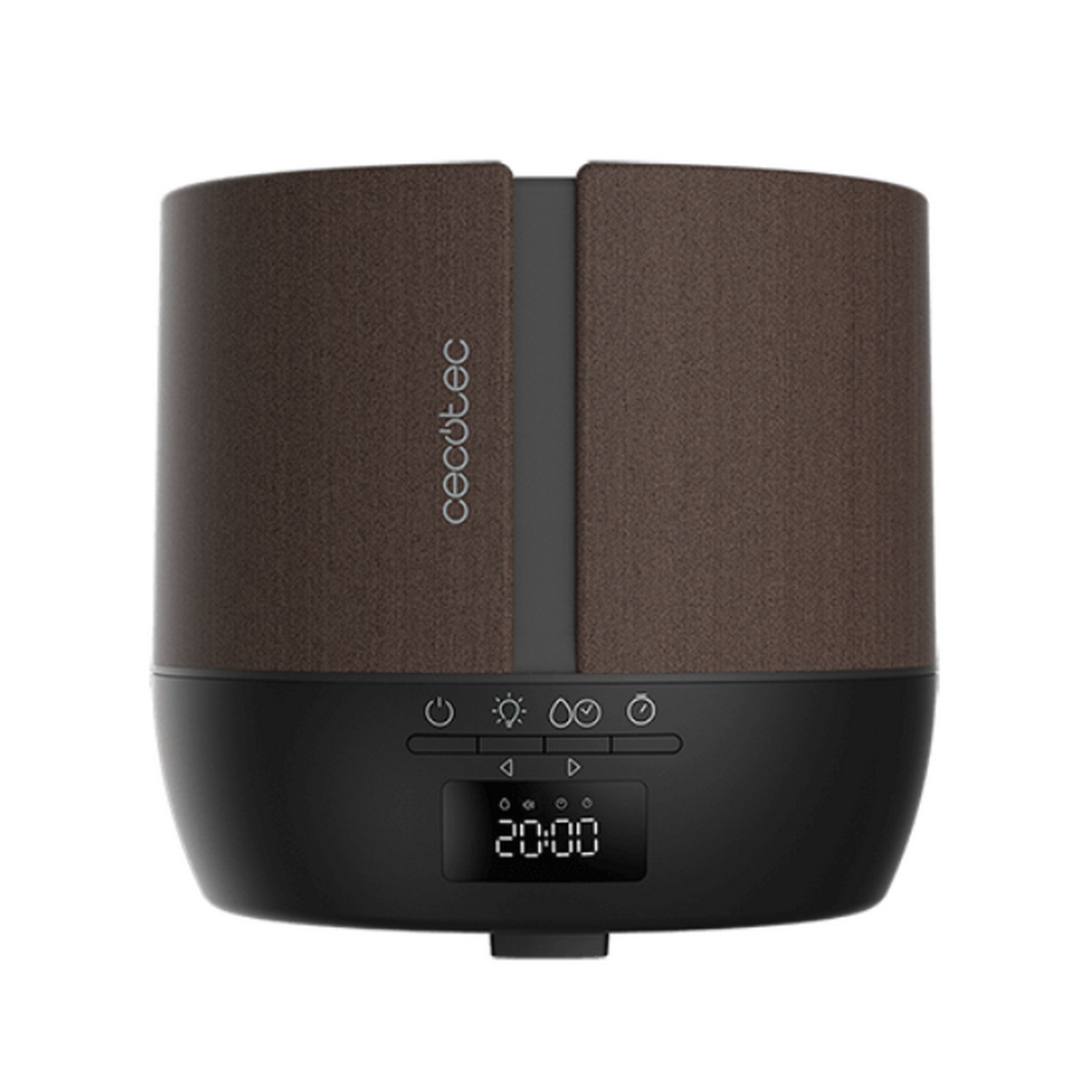 Humidificador de aire marrón y negro. Tiene una pantalla digital y un panel de control.