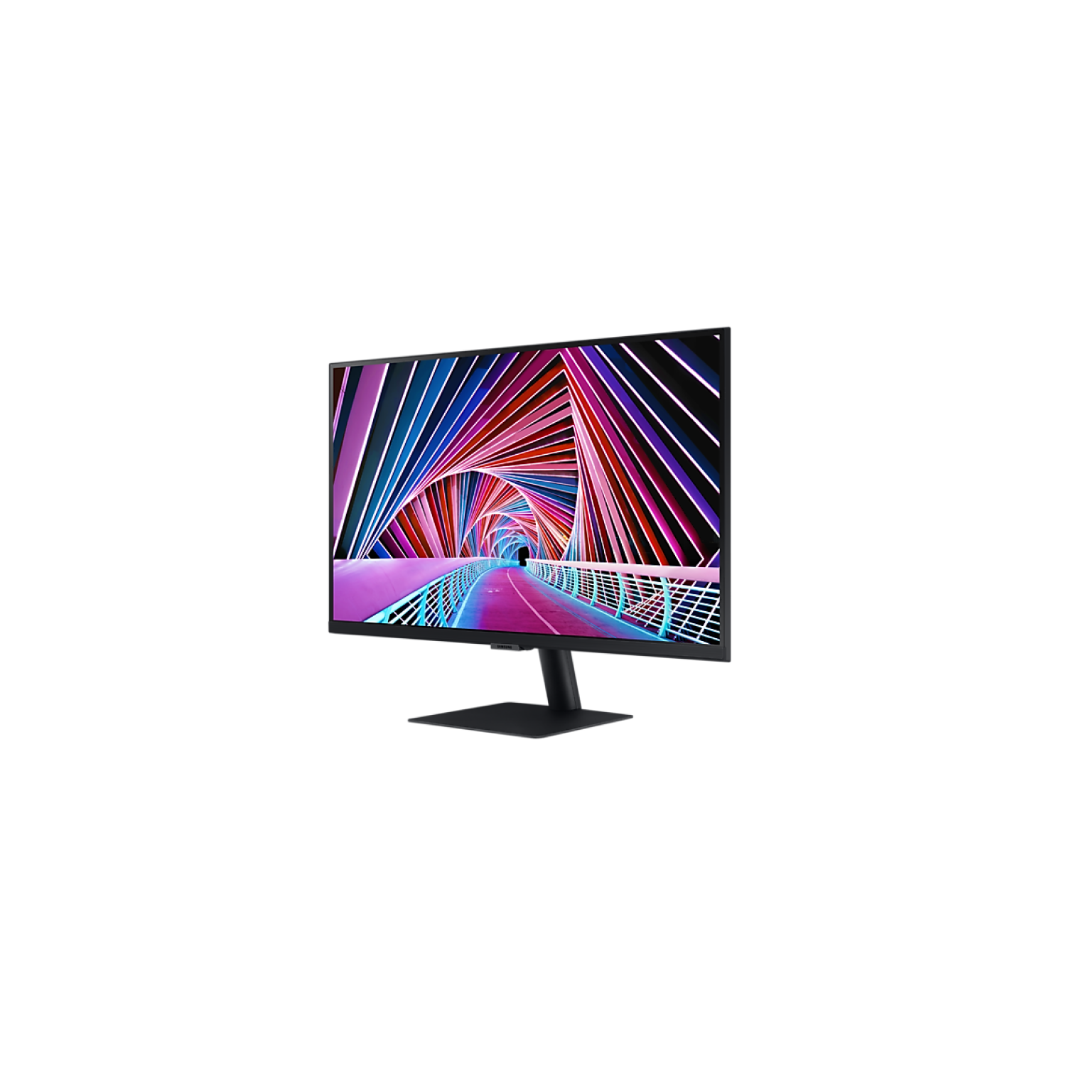 El monitor muestra una imagen de túnel colorida, sobre una base negra.