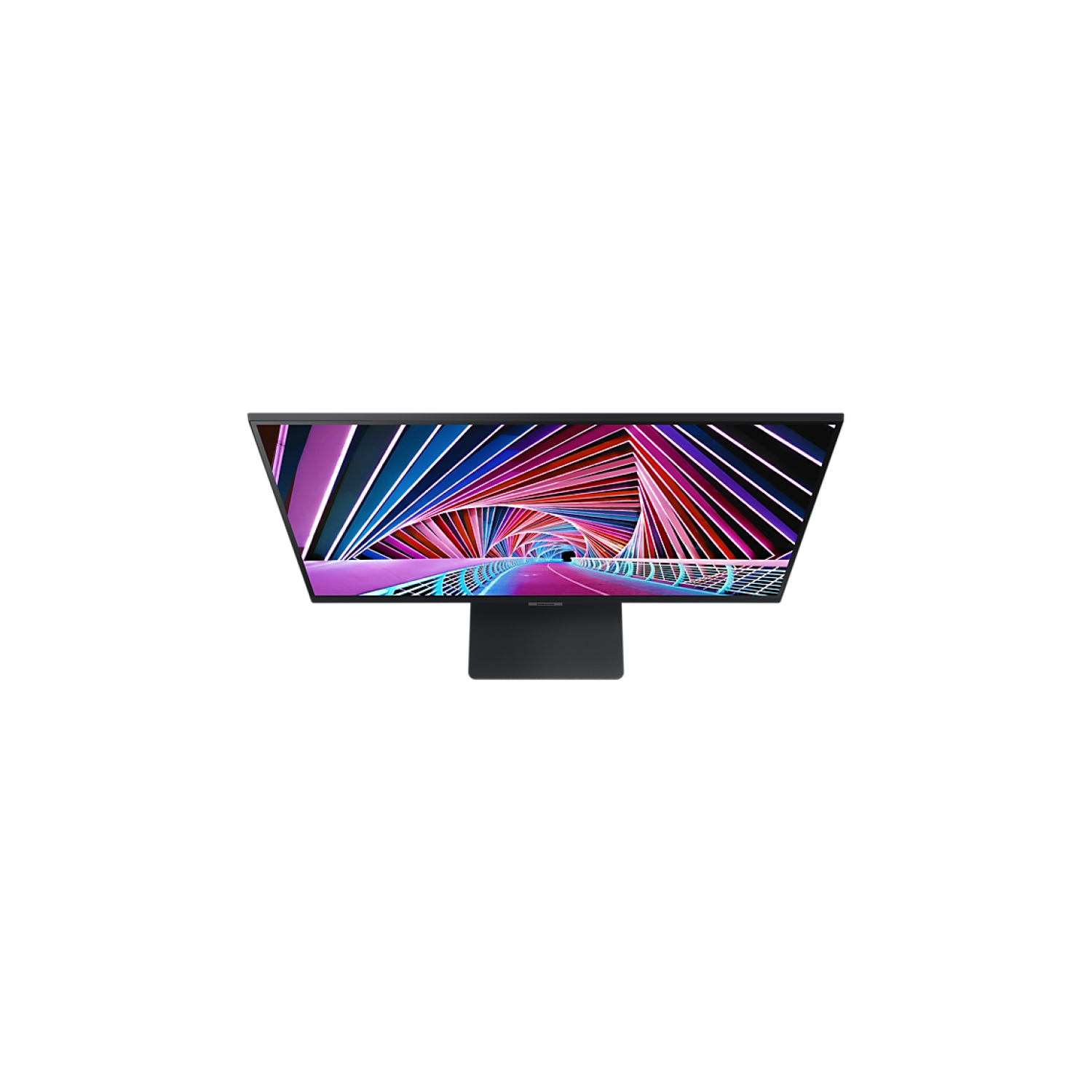 Monitor de ordenador con diseño de túnel colorido. Fondo negro, diseño moderno.