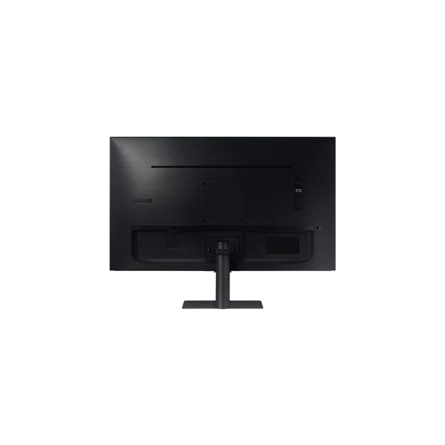 La parte trasera de un monitor negro con puertos y un soporte.