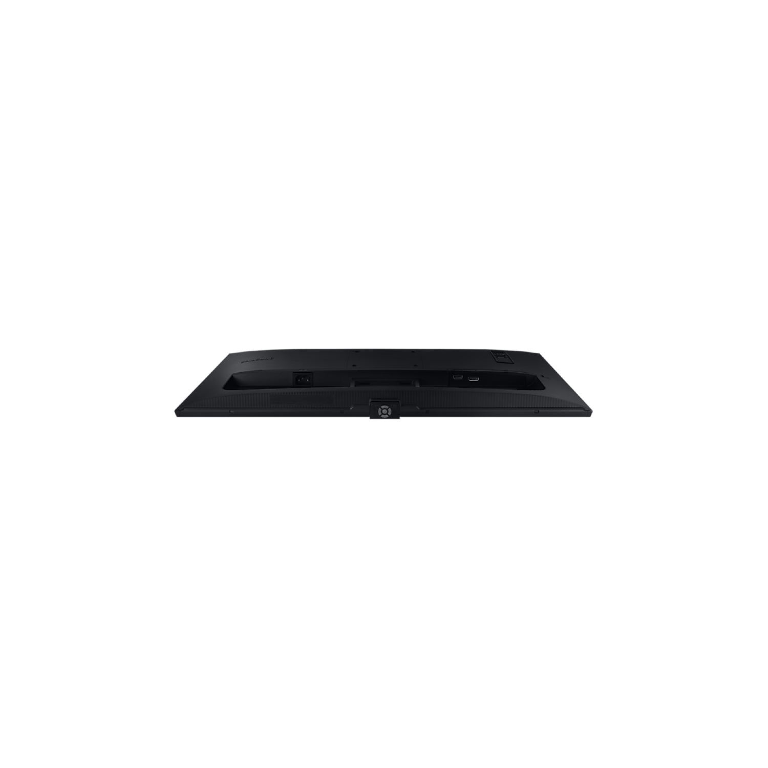 Parte trasera de un monitor negro con puertos. Está sobre un fondo negro.