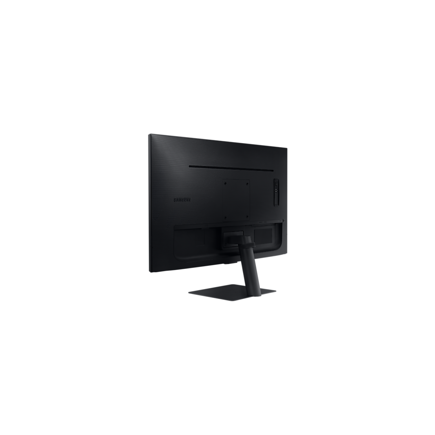 Un monitor de ordenador negro desde la parte trasera. La parte trasera es negra, hay puertos y un soporte.